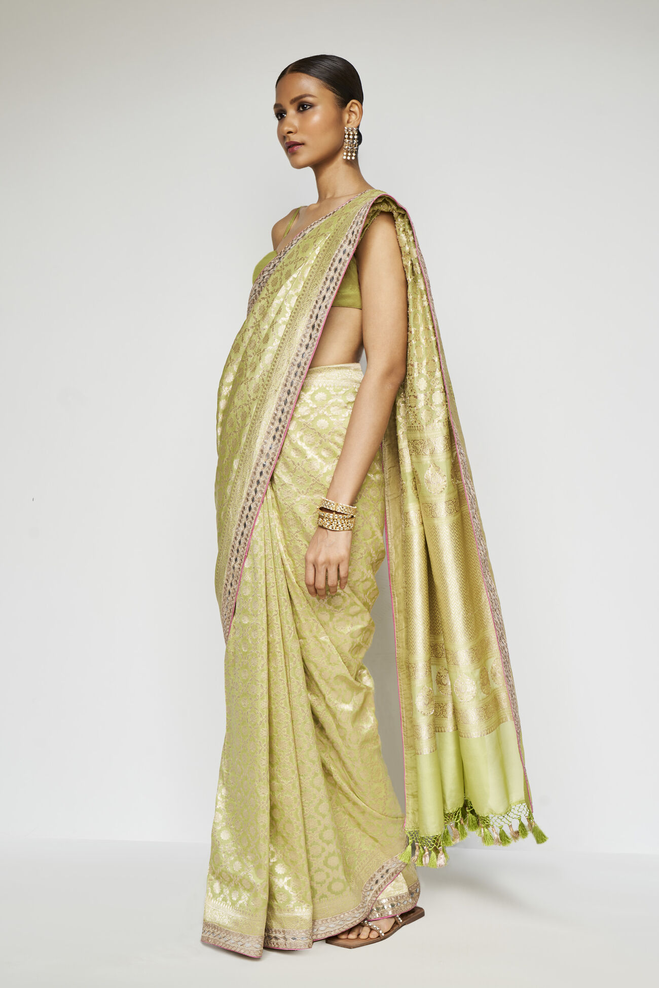 Jahanara Benarasi Silk Gota Patti Saree, Lime, image 2