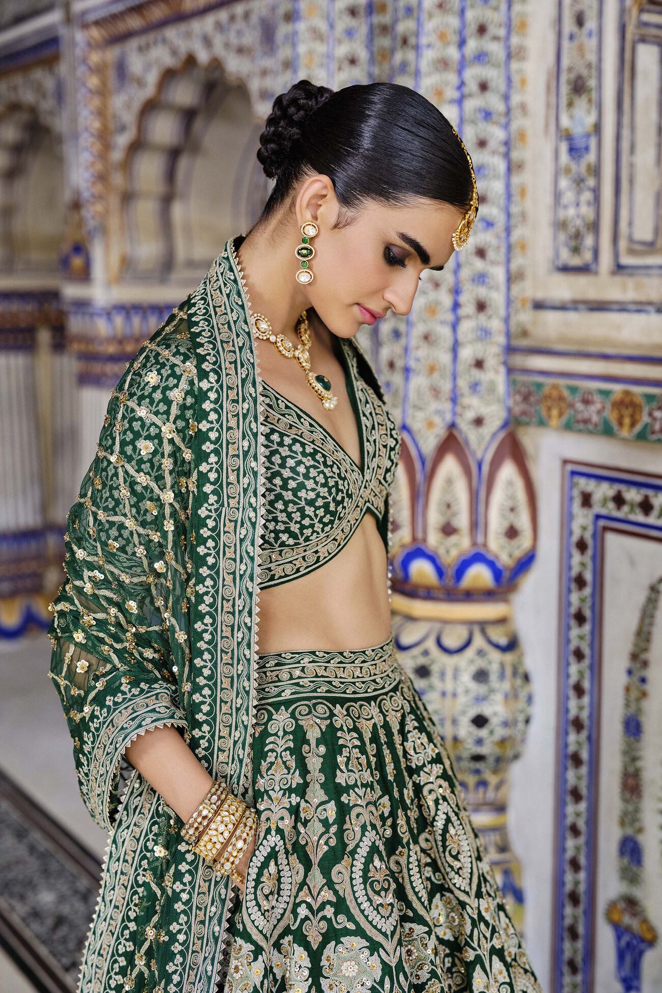 Sylvan Embroidered Zardozi Silk Lehenga Set - Green, Green, image 6