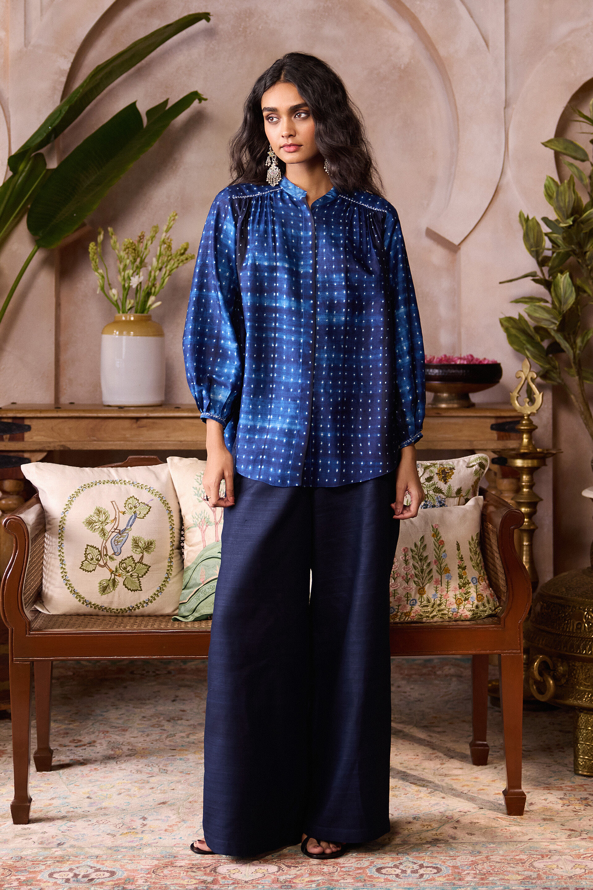 Cephas Handcrafted Shibori Silk Top - Blue