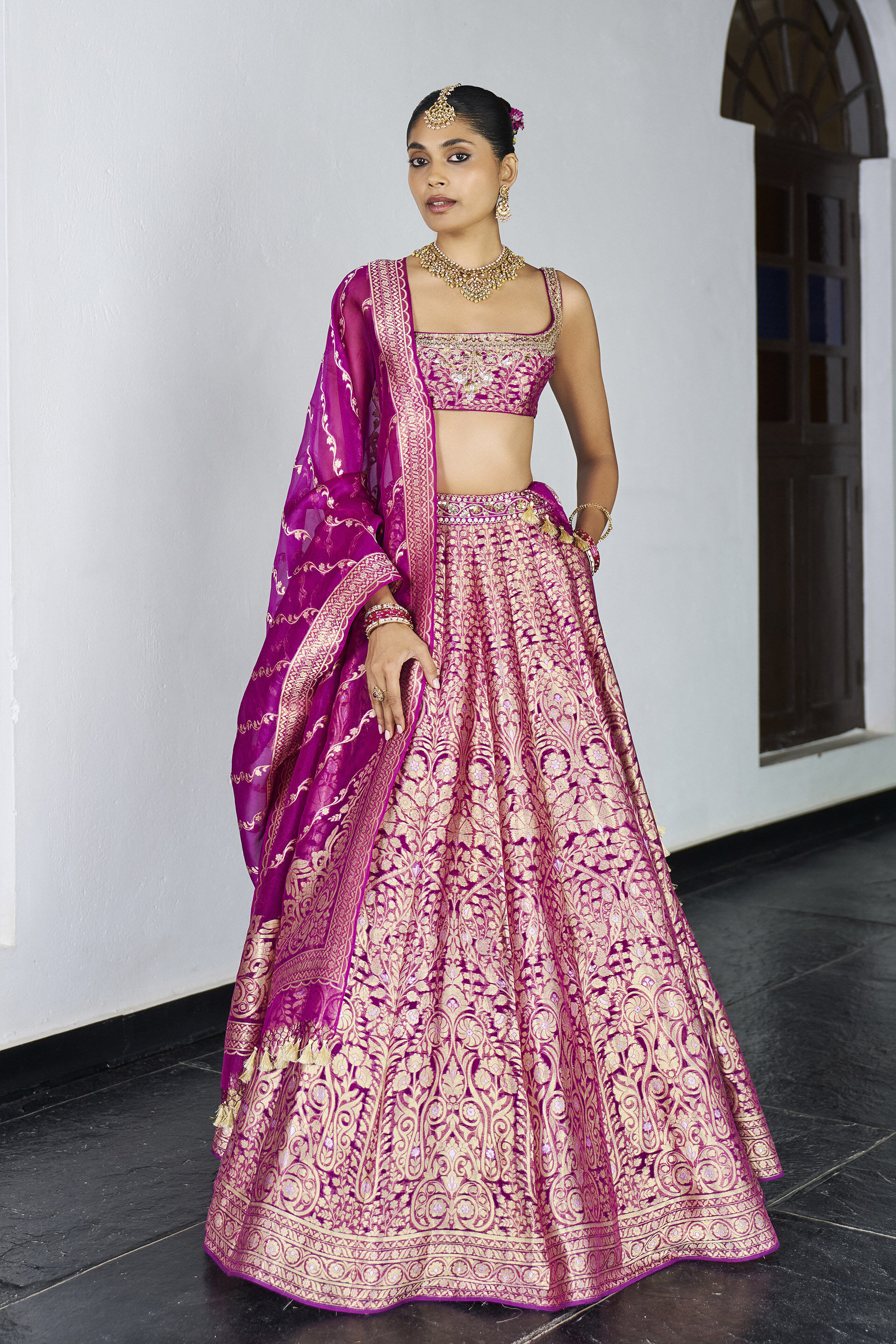 Sajni Benarasi Silk Lehenga Set - Purple