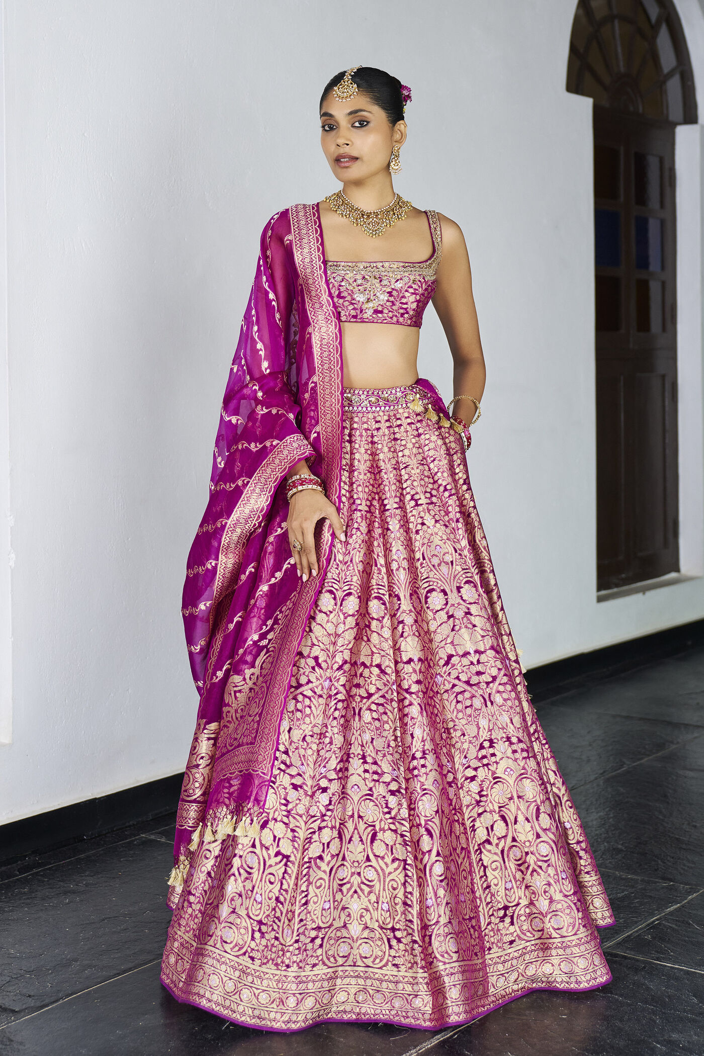 Sajni Benarasi Silk Lehenga Set - Purple
