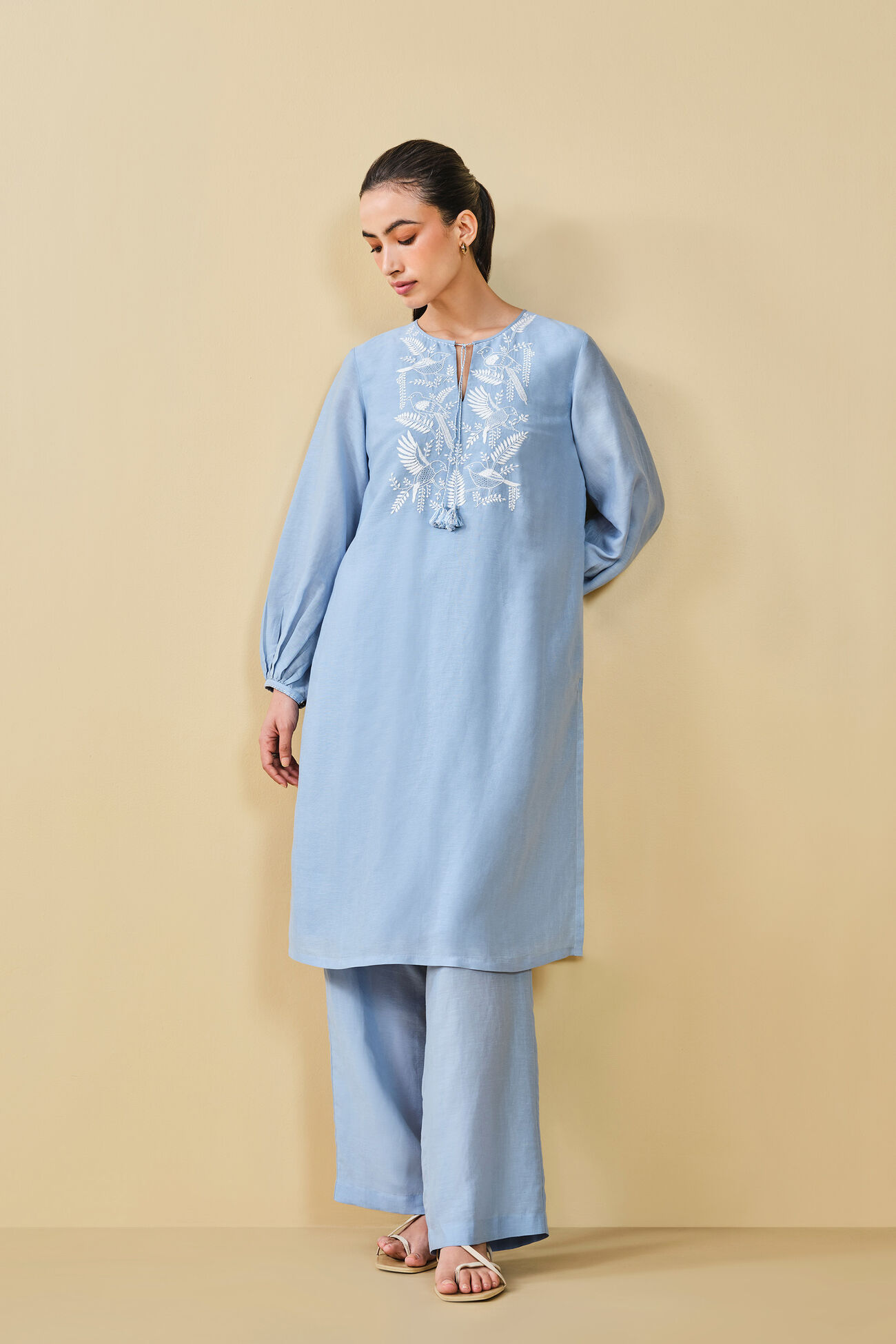 Cloud Sky Hand-embroidered Chikankari Bemberg Linen Coord, Blue, image 6
