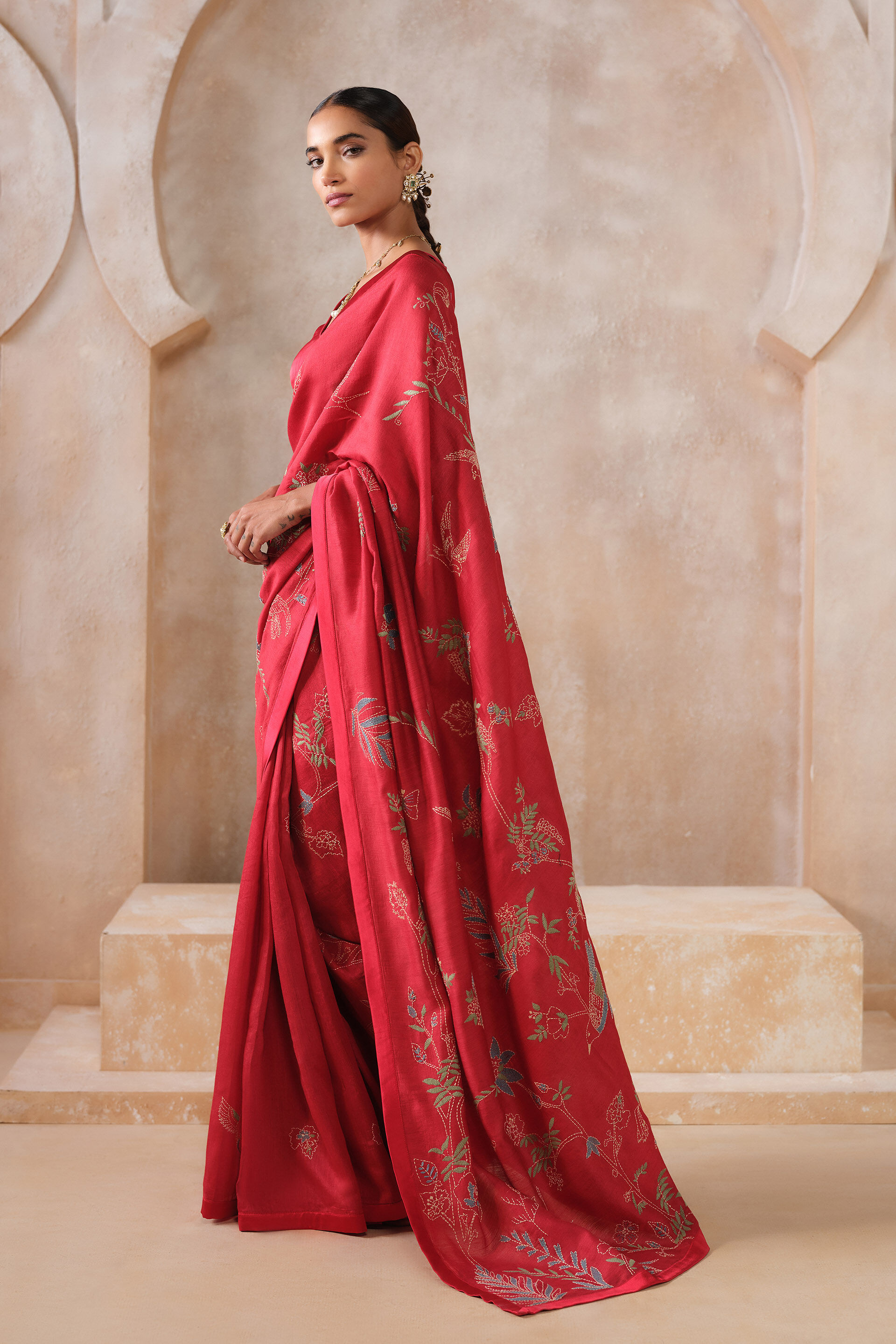 Corcoran Hand-embroidered Kantha Silk Saree - Red