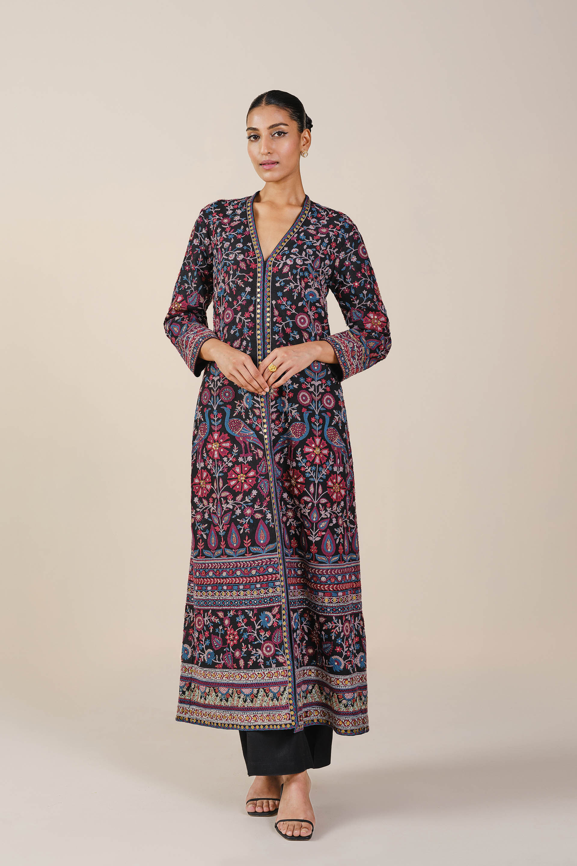 Starlit Serenade SEWA Hand-embroidered Silk Jacket Set - Black