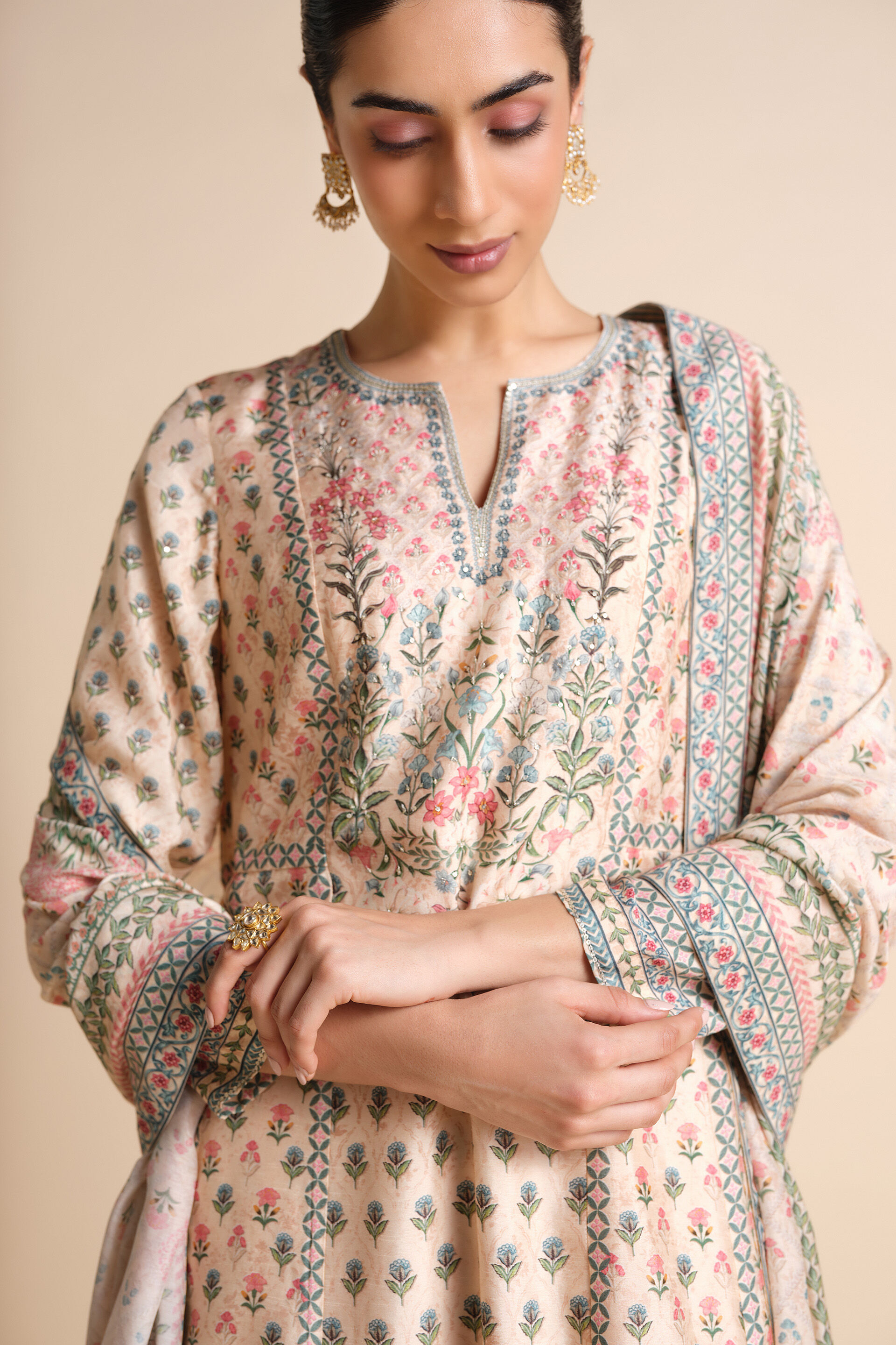 Indivarini Printed Silk Anarkali - Ivory, Ivory, image 5