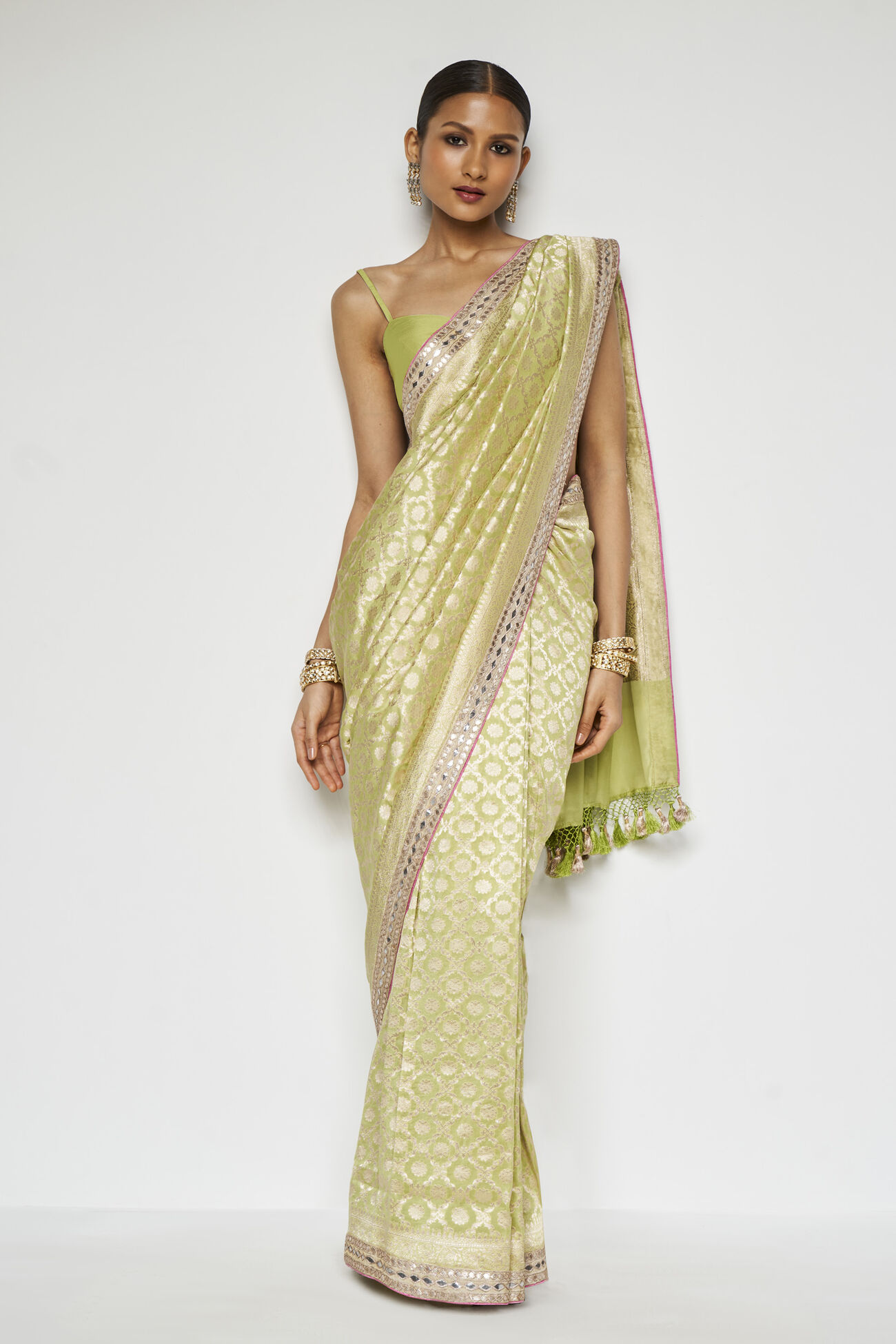 Jahanara Benarasi Silk Gota Patti Saree, Lime, image 1