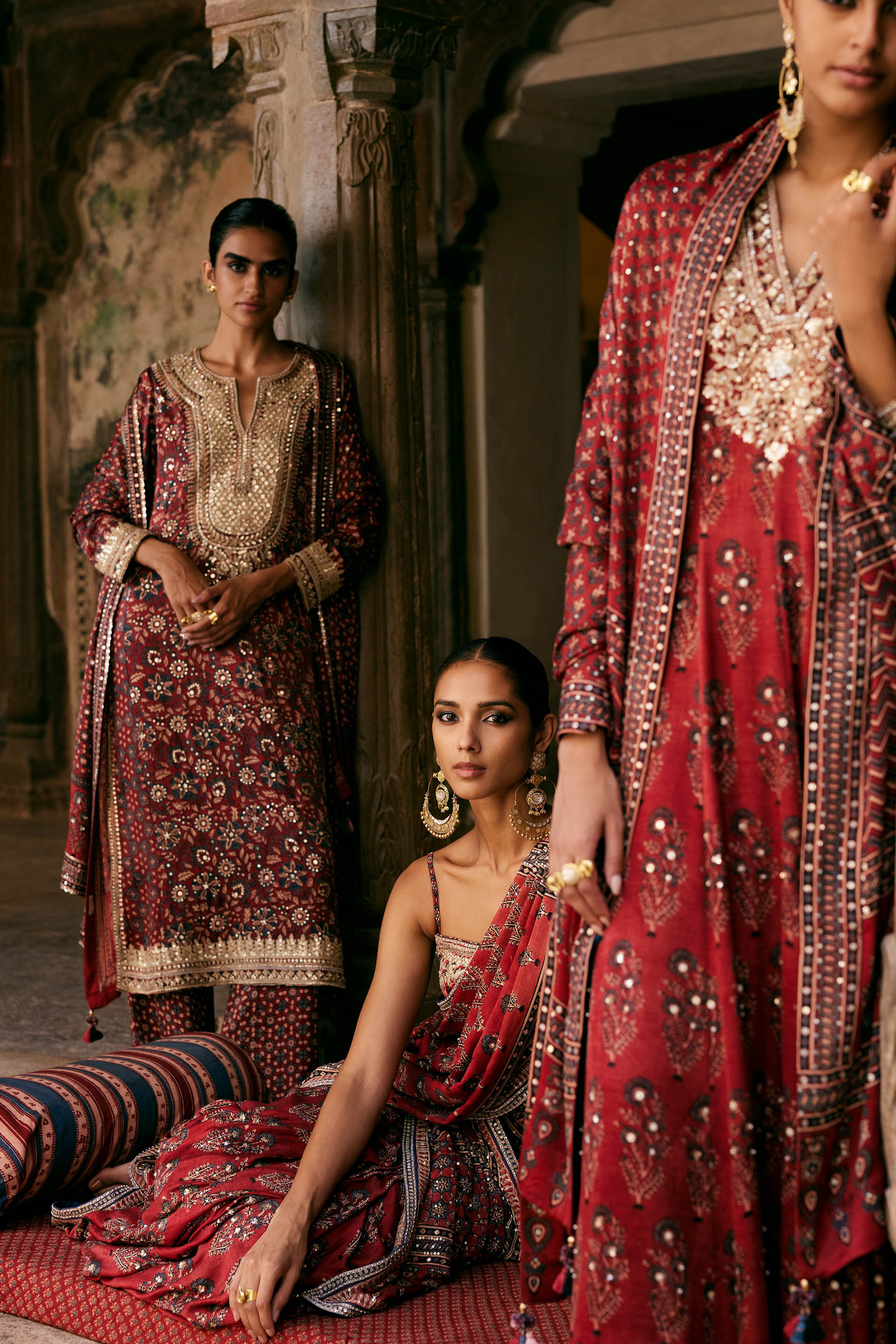 Kasano Ajrakh Hand-block Printed Silk Suit Set - Red, Red, image 5