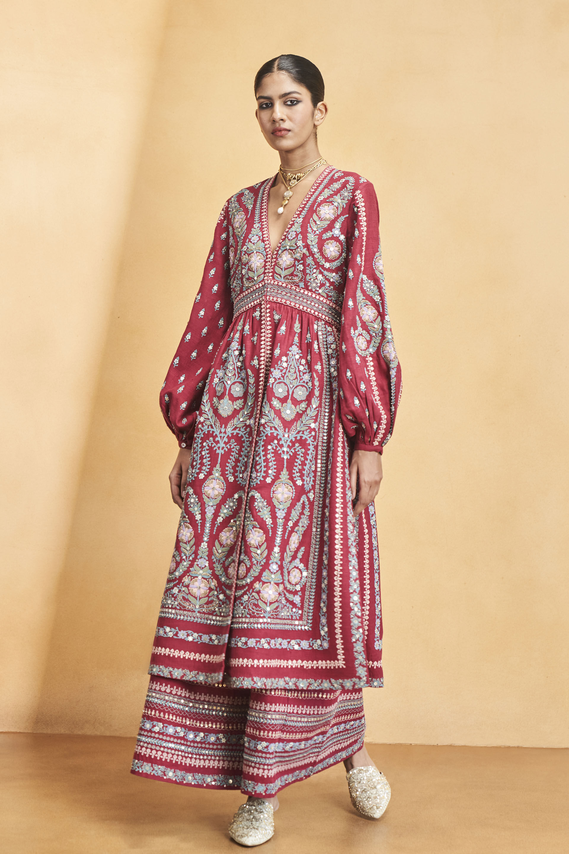 Into The Wilderness Zardozi & Cord Silk Kurta Set - Wine