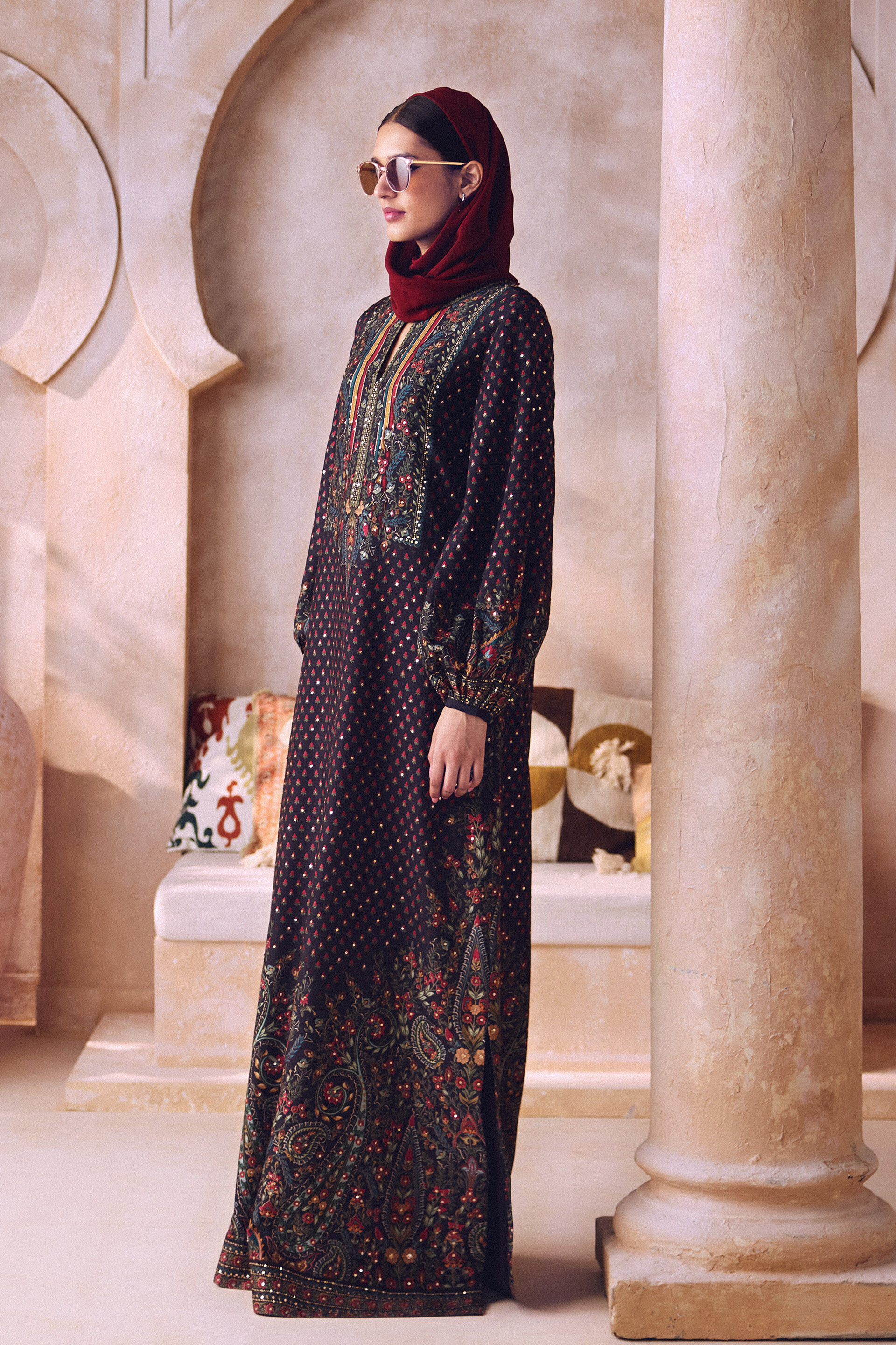 Nafeesa Silk Kaftan - Black, Black, image 3