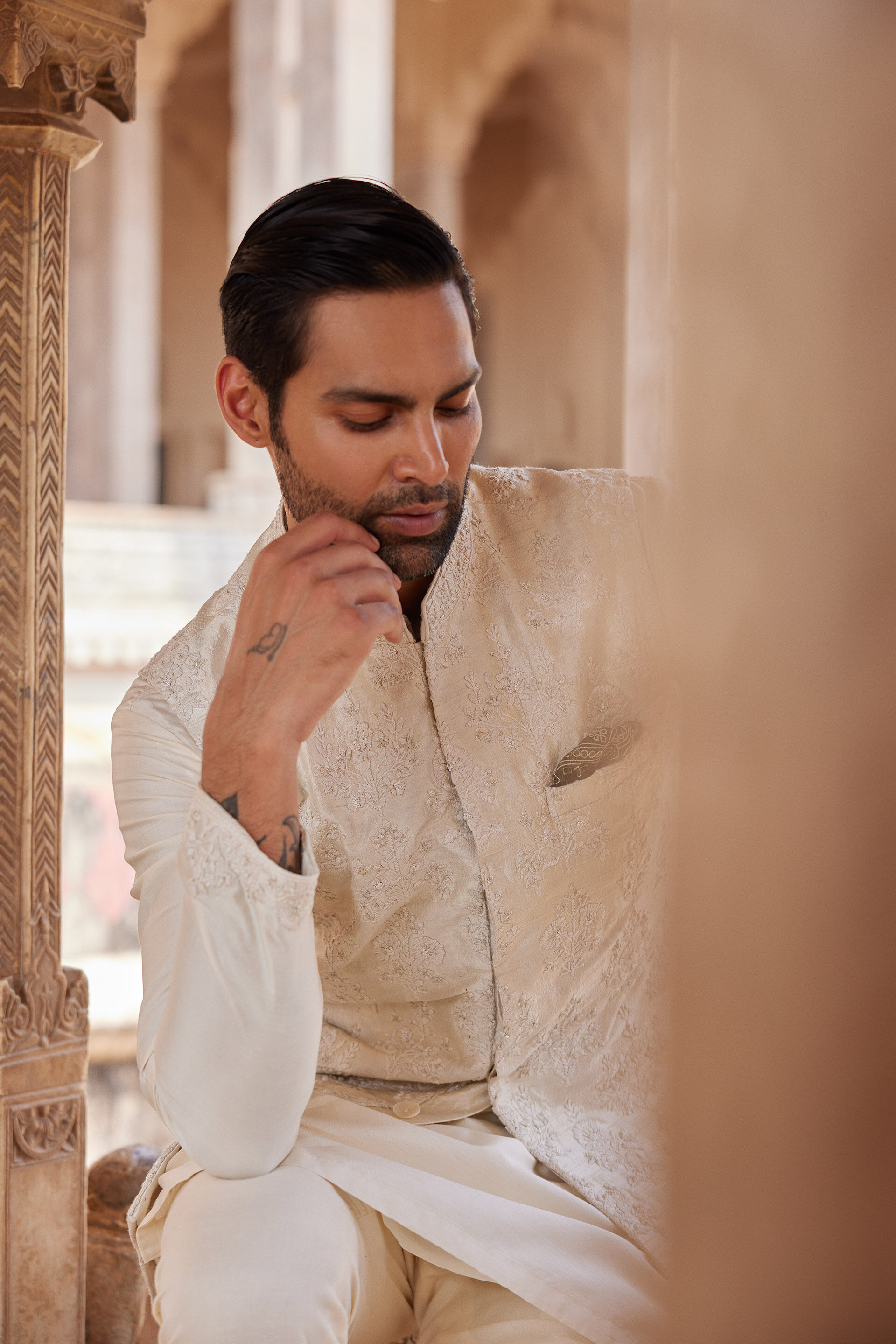 Palaksh Hand-embroidered Silk Nehru Jacket - Ivory, Ivory, image 4