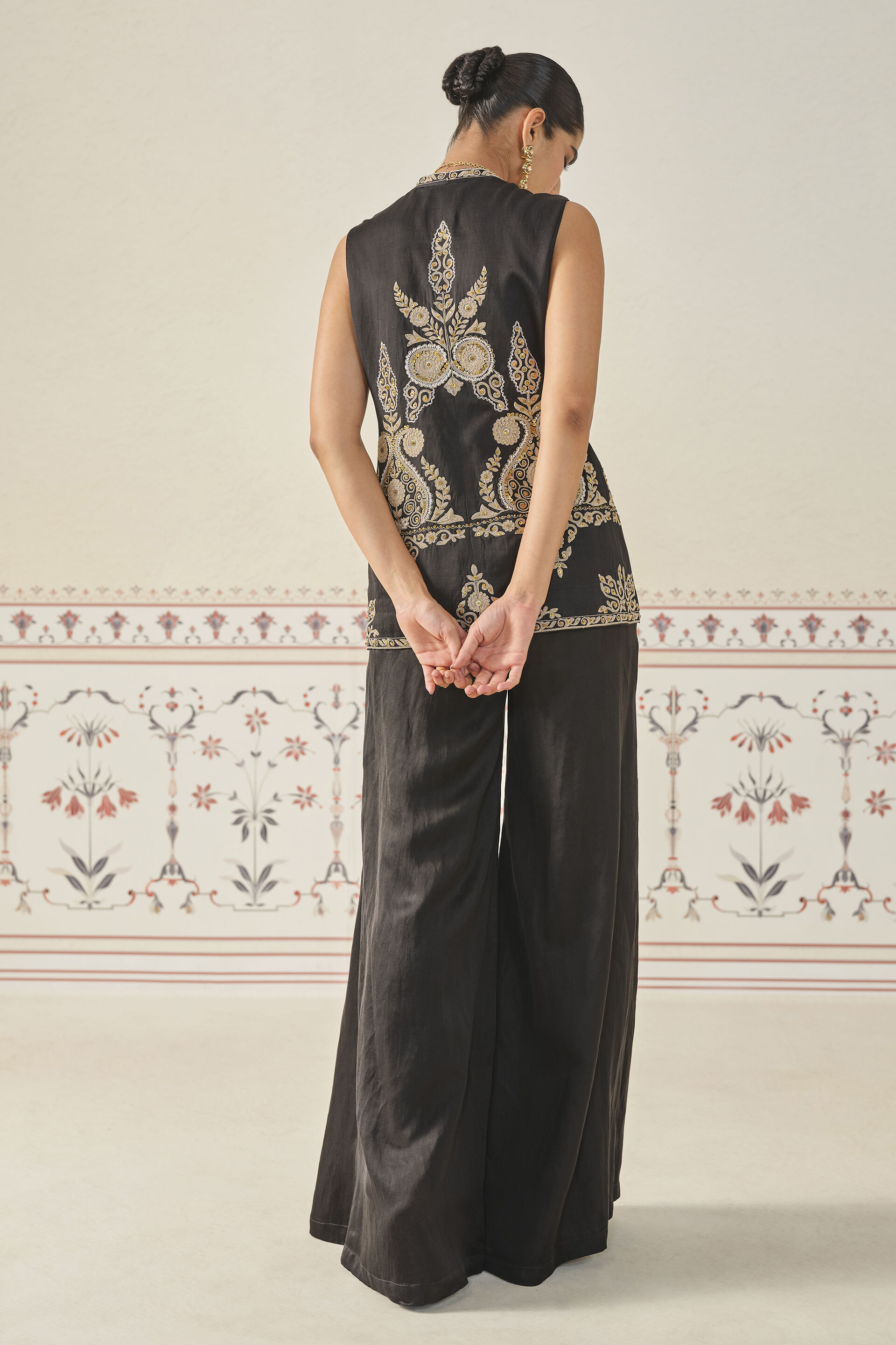 Saanjh Embroidered Cord Short Jacket Set - Black