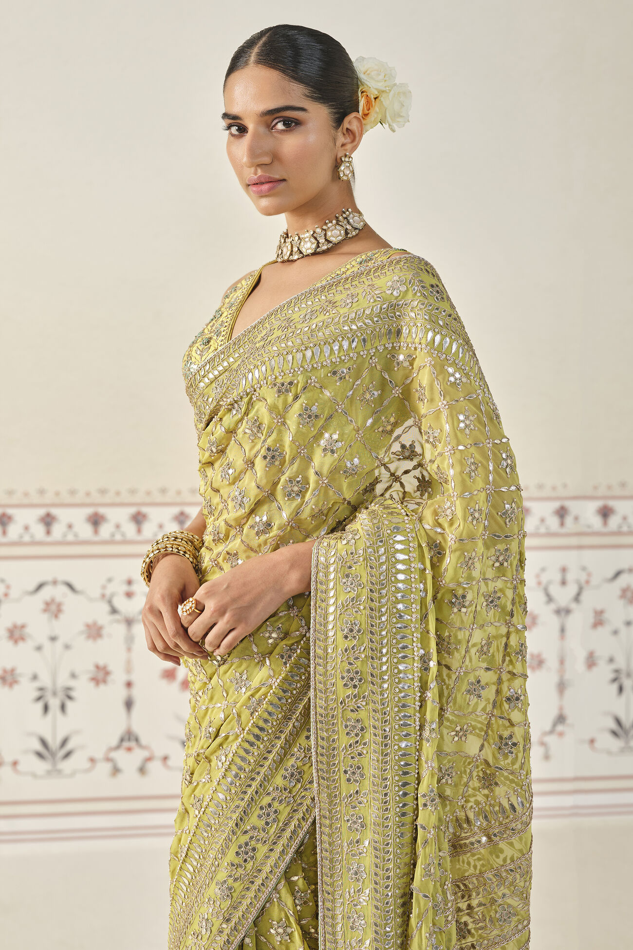 Tajanae Gota Patti Saree, Lime, image 6