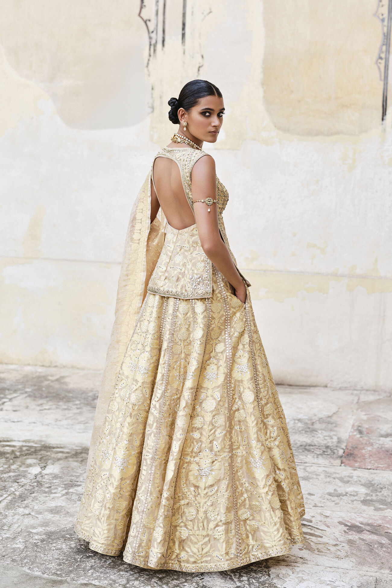 Ramsha Handwoven Benarasi Silk Lehenga Set - Gold, Gold, image 2