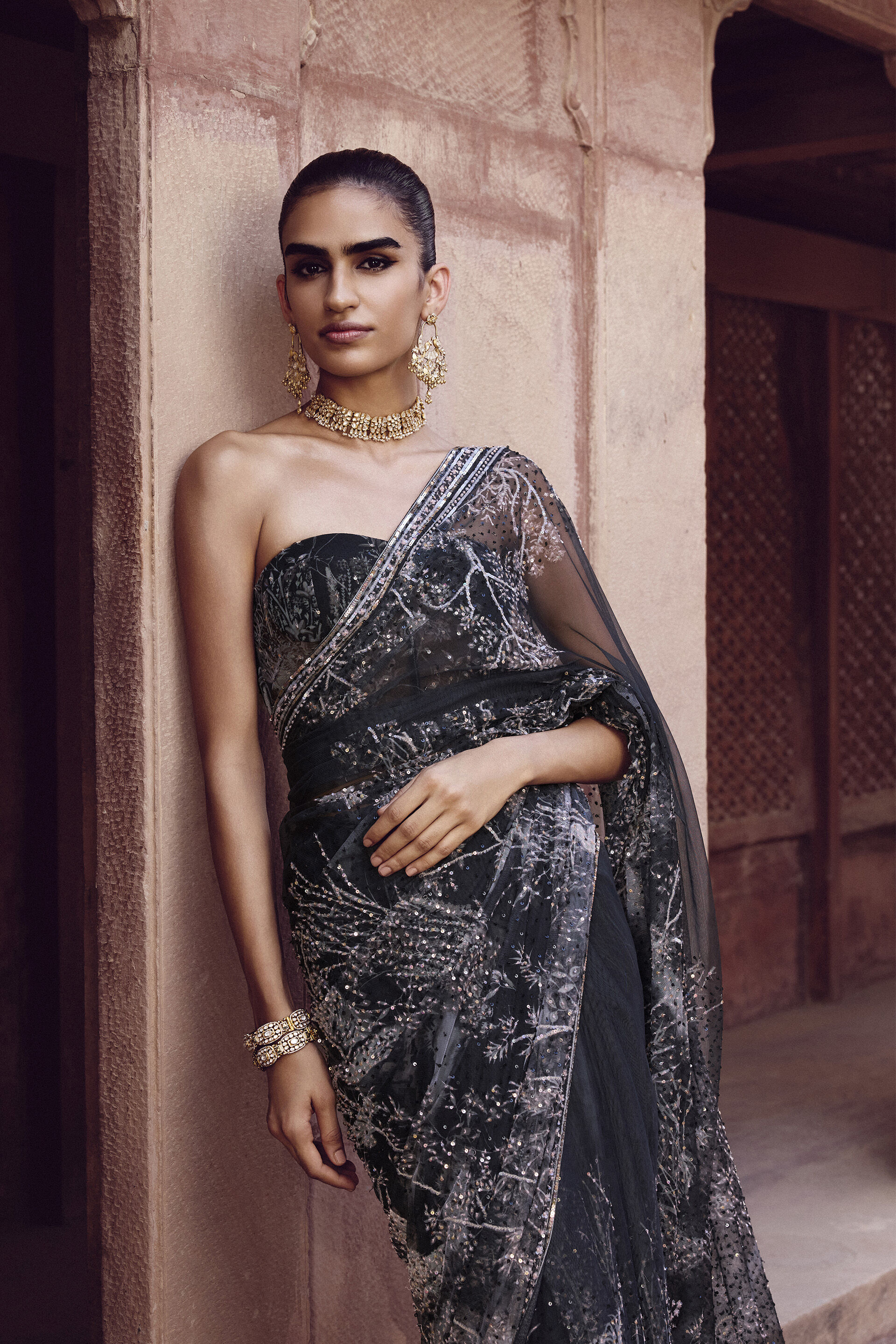 Sayori Embroidered Saree - Black, Black, image 4