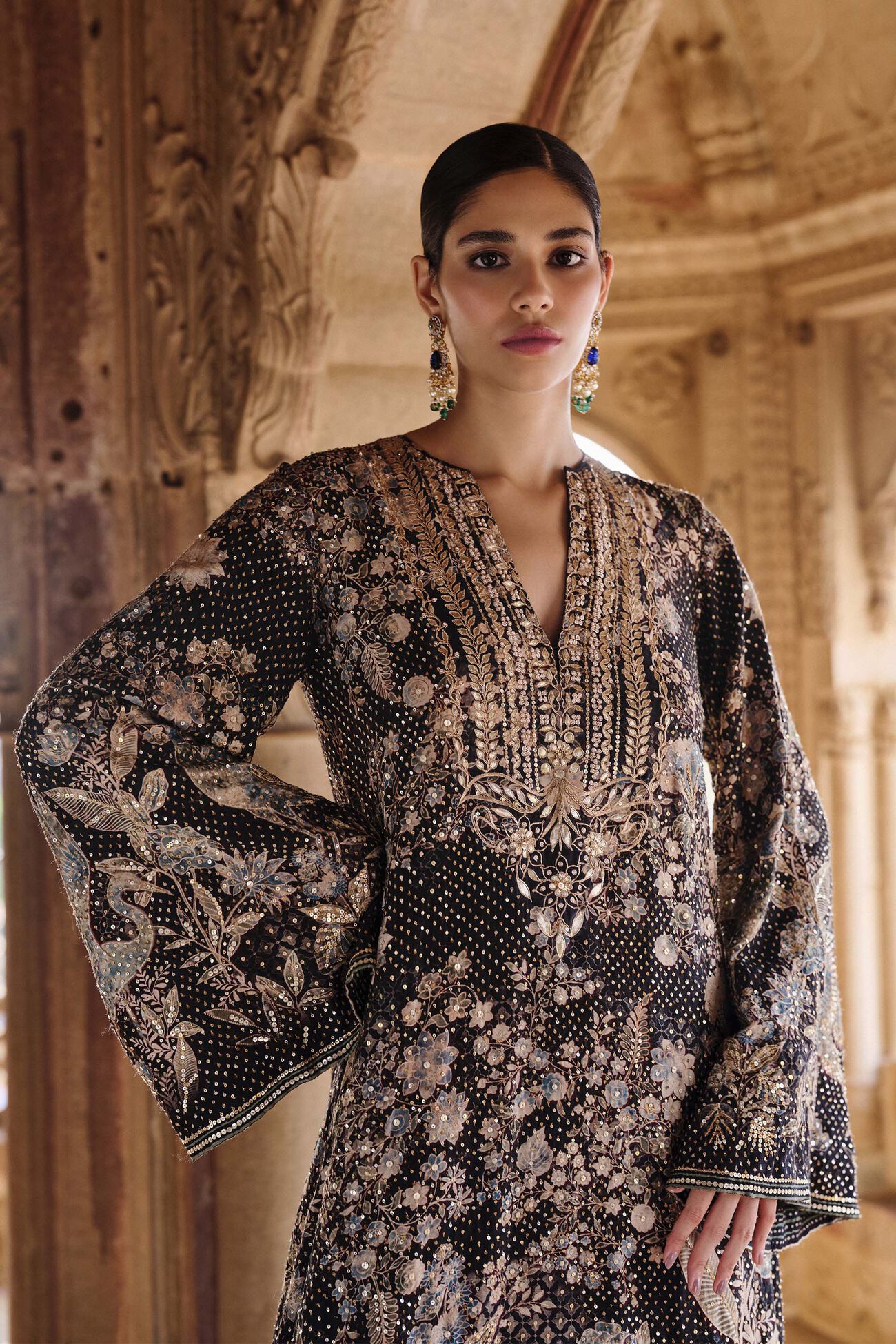 Izar Printed Sequin Kaftan - Black, Black, image 3