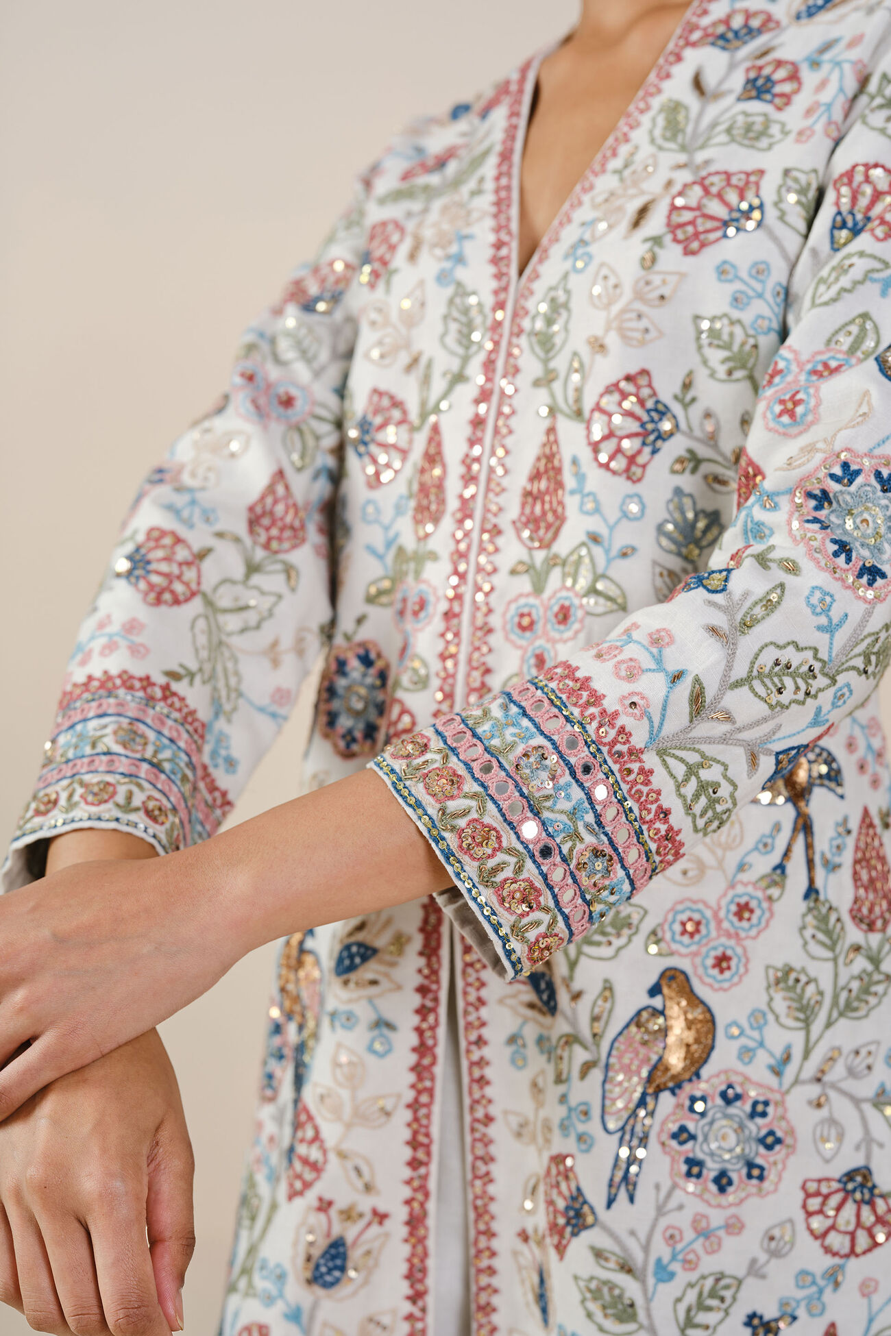 Paradise Of Flowers SEWA Hand-embroidered Silk Jacket Set - Ivory, Ivory, image 6