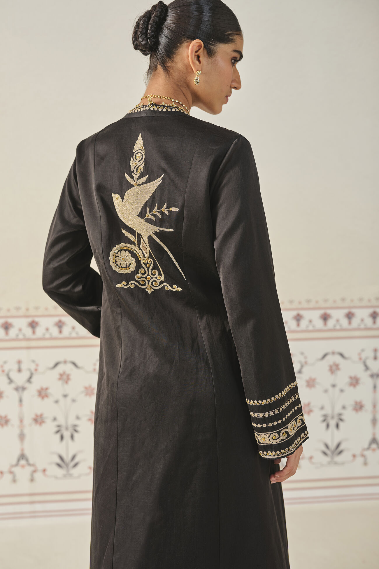 Saanjh Embroidered Cord Long Jacket Set - Black, Black, image 5