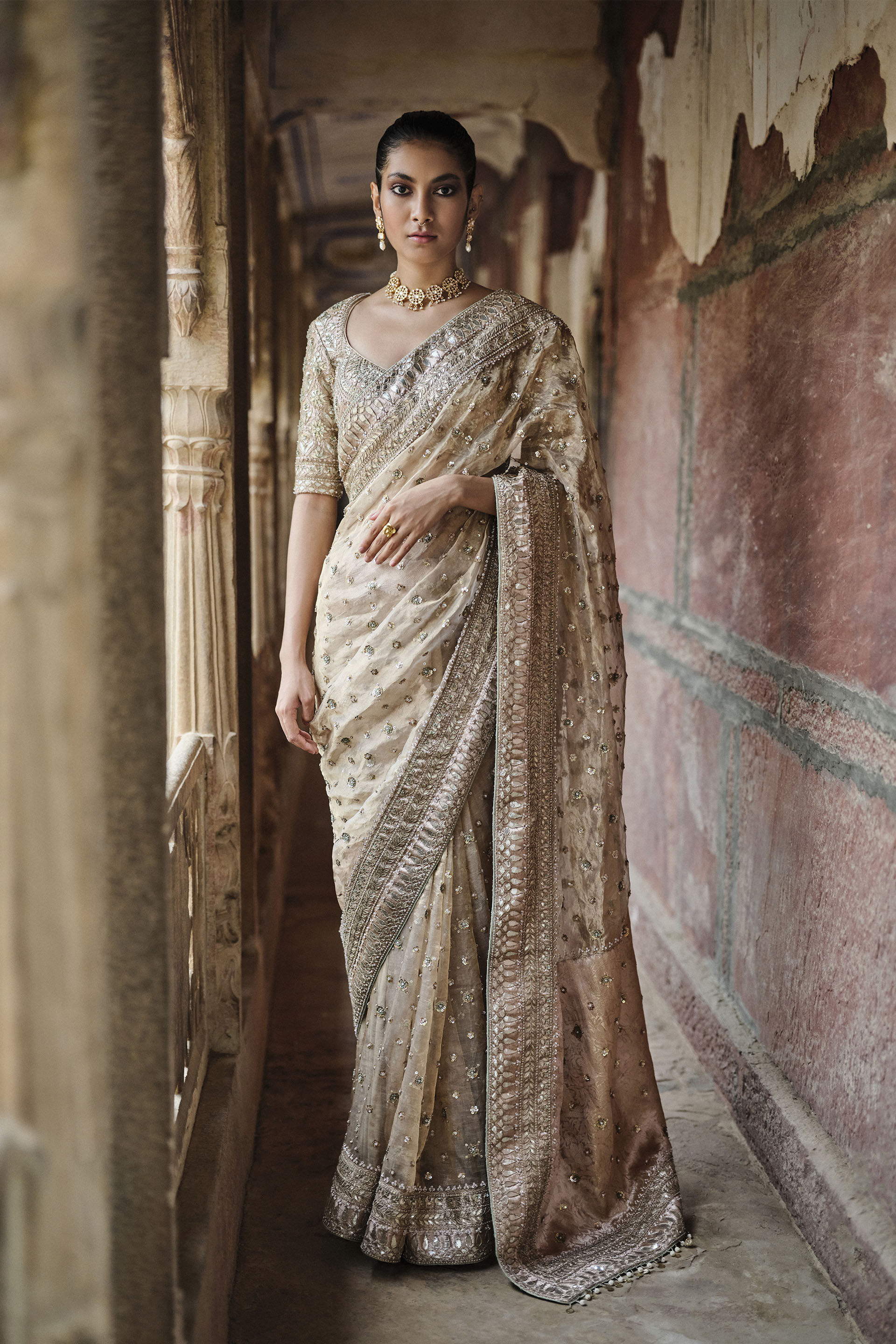 Buy Designer Ishama Handwoven Benarasi Silk Saree Gold Online from Anita Dongre