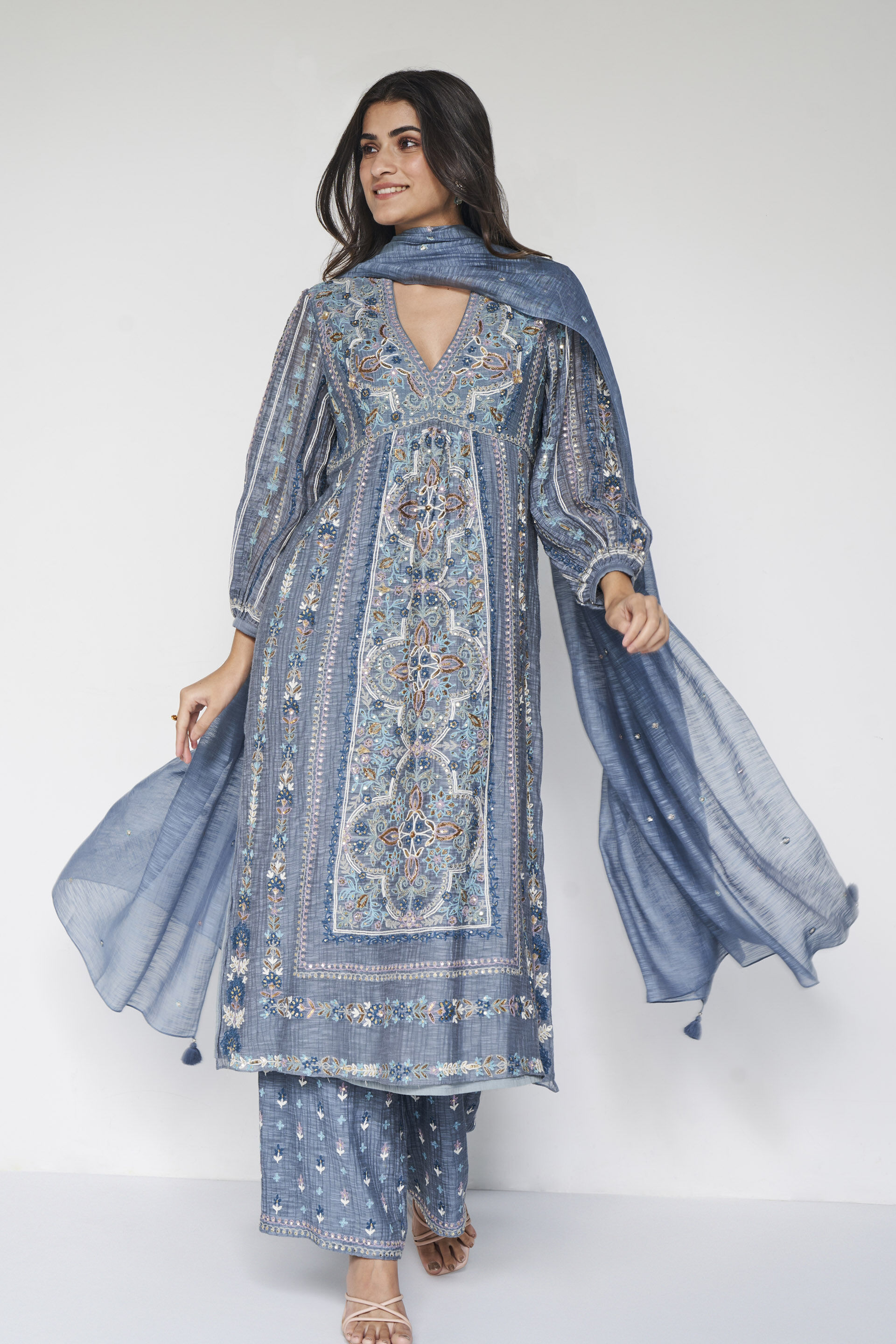 Sabela SEWA Hand-embroidered Mul Suit Set - Slate Grey, Slate Grey, image 3