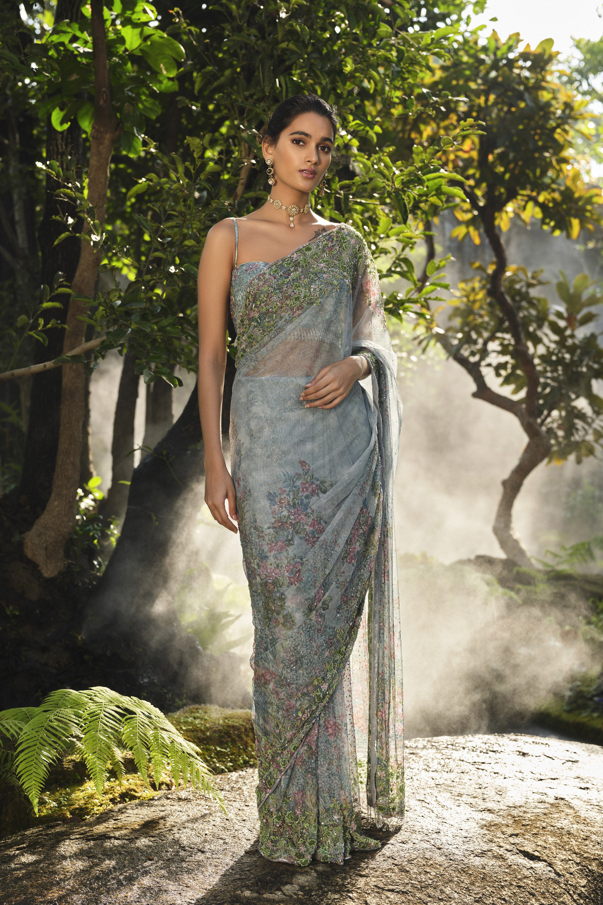 Blooming Meadows Embroidered Saree - Powder Blue, Powder Blue, image 1