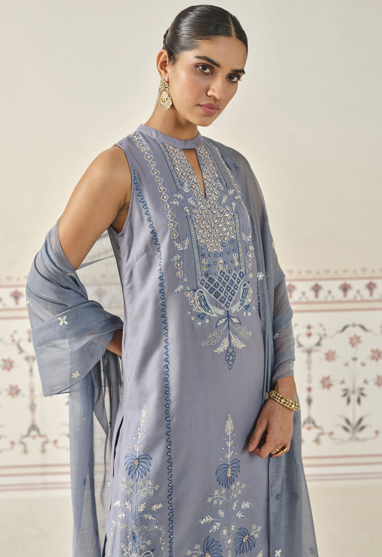 Mayukhi Kantha Silk Suit Set - Slate Grey, Slate Grey, image 4