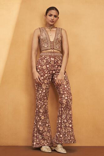 Field Of Flowers Embroidered Silk Pant Set - Brown, Brown, image 1