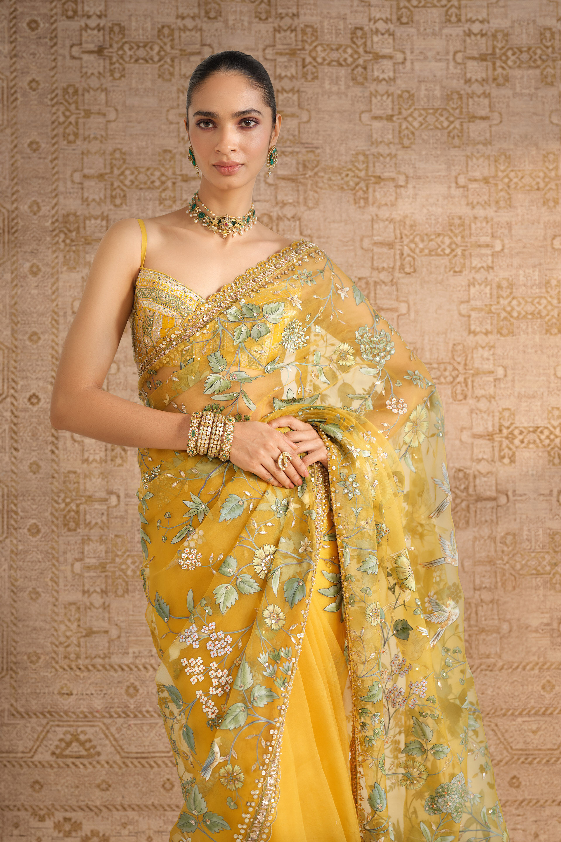 Nisarga Hand-painted Pichhwai Silk Saree - Mustard, Mustard, image 4