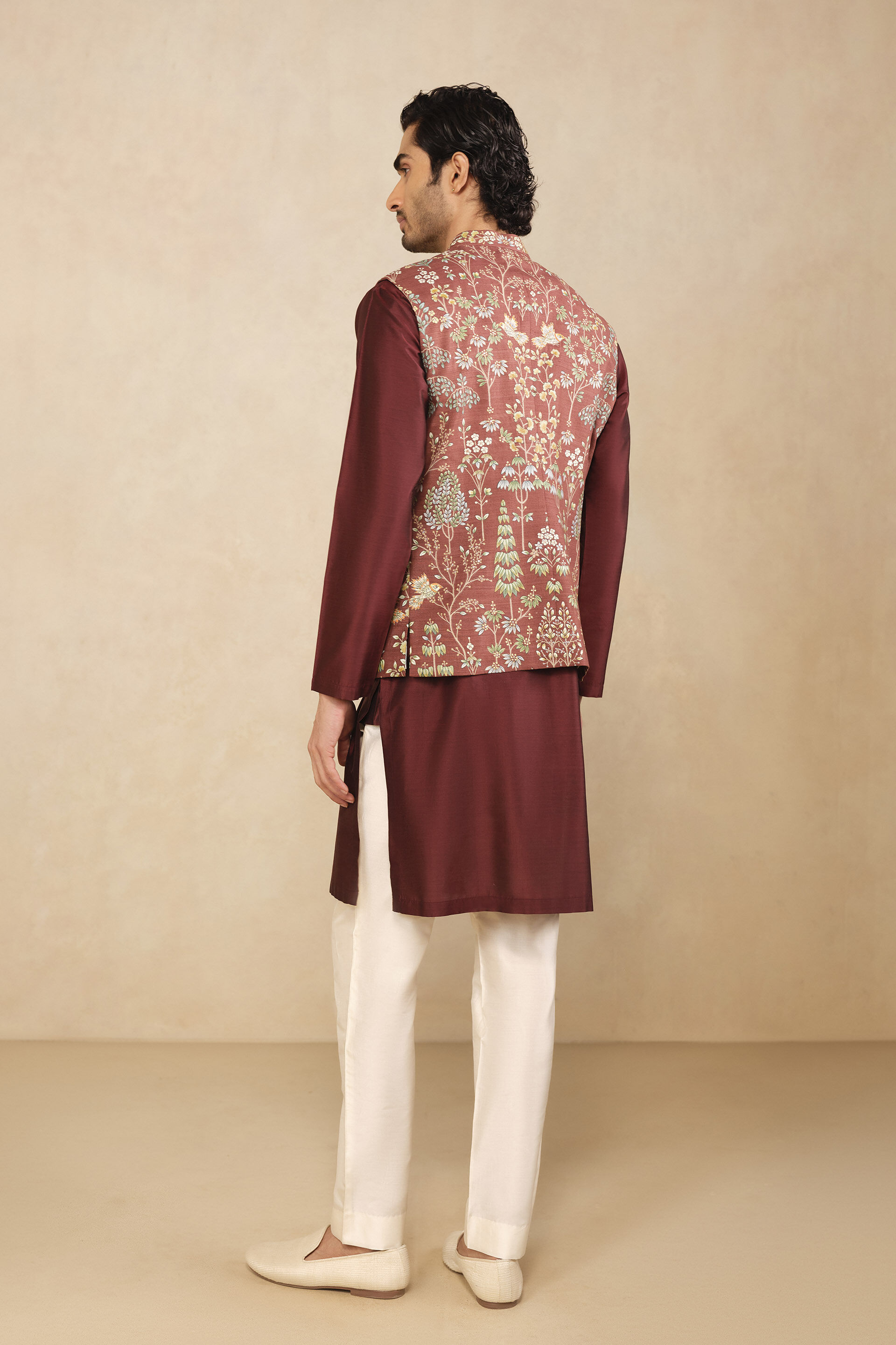 Aziz Hand-painted Pichhwai Silk Nehru Jacket - Brown, Brown, image 2