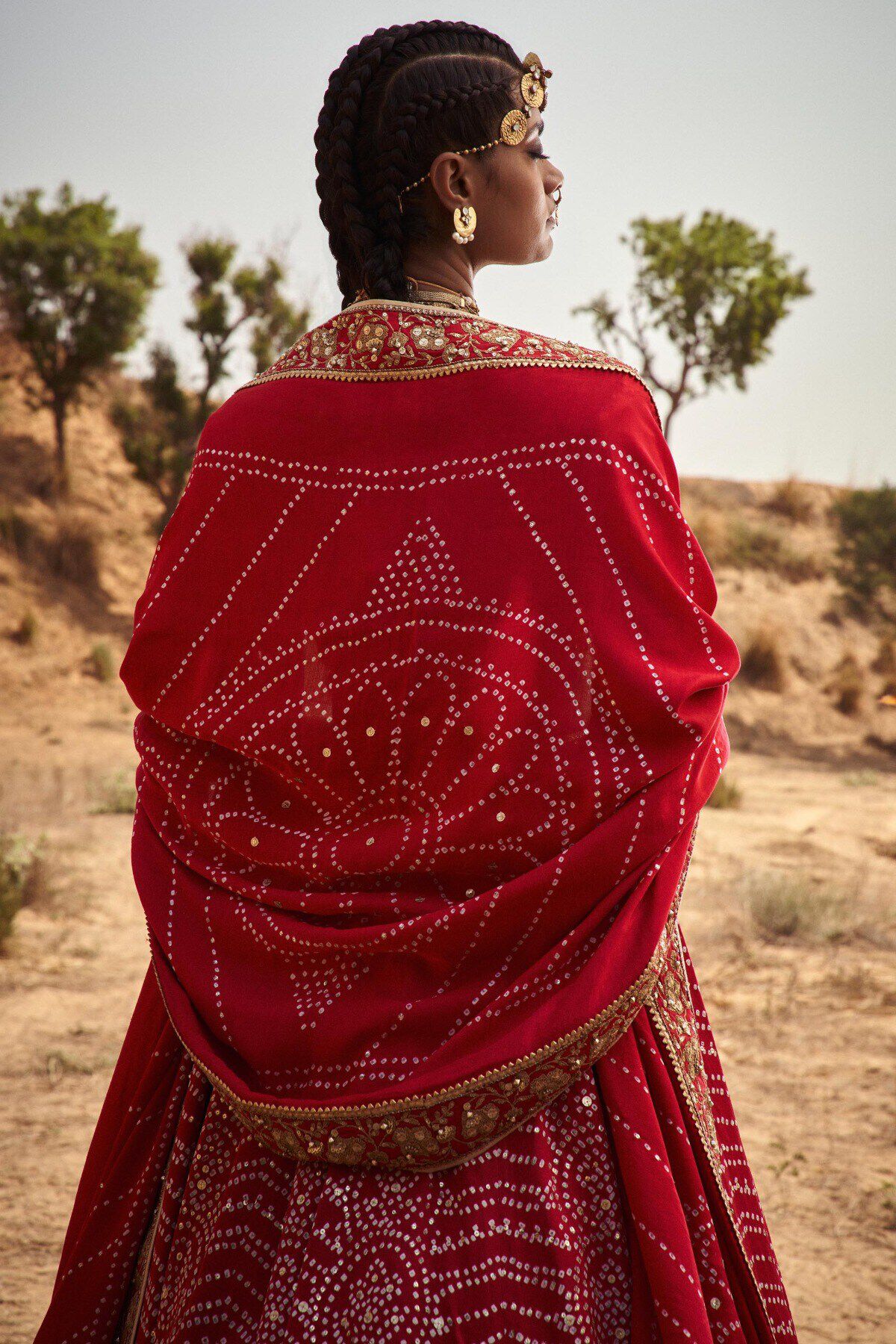 Buy Crimson Red Gota Embroidered Gajji Silk Bridal Lehenga with Bandhani  Printed Dupatta Online | Samyakk