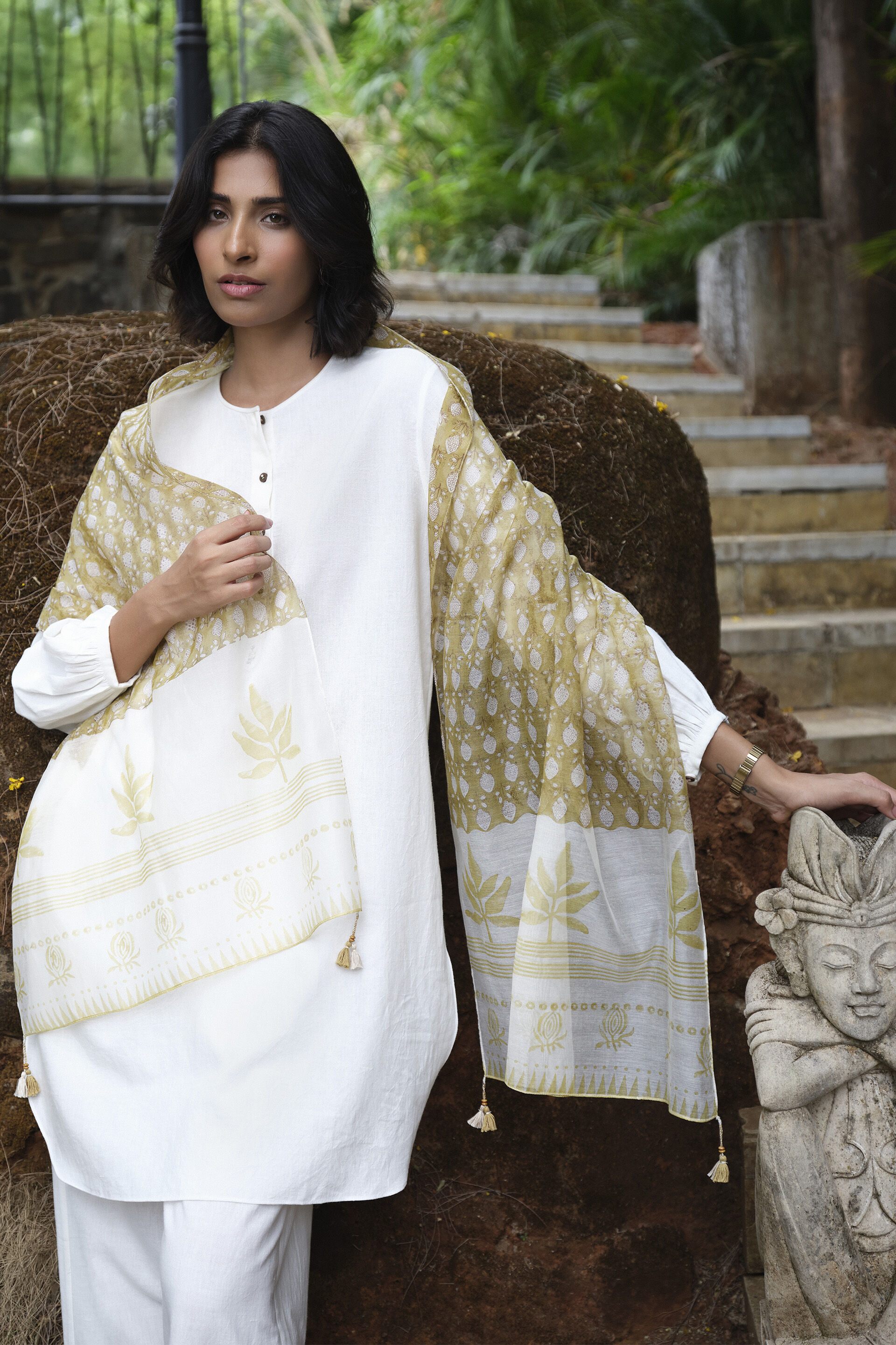 Damara Hand-block Printed Mul Stole - Mustard
