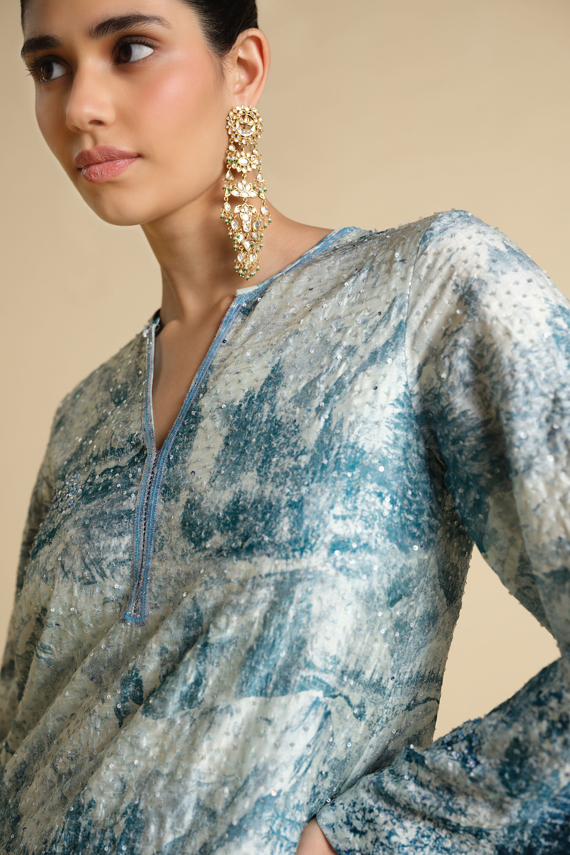 Shahma Printed Silk Kaftan - Powder Blue, Powder Blue, image 5