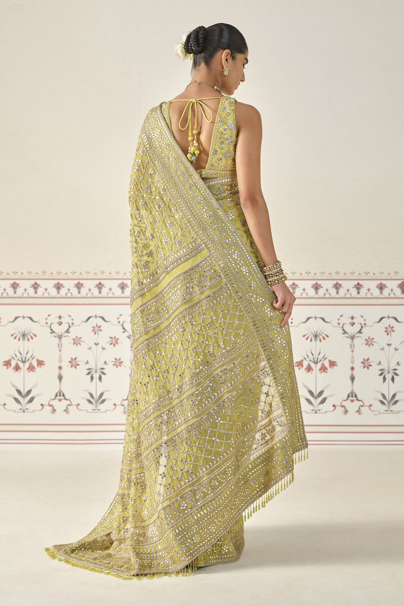 Tajanae Gota Patti Saree, Lime, image 2