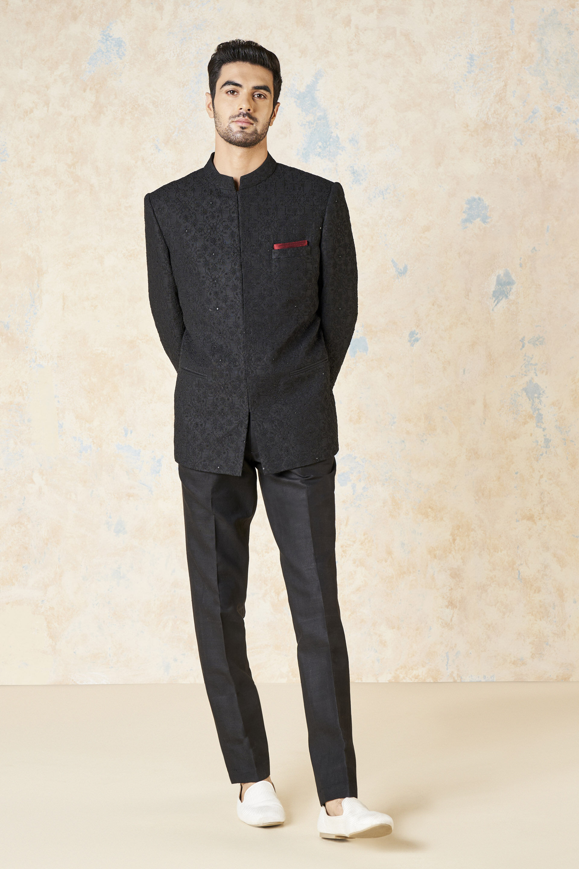 Aadav Embroidered Cord Silk Bandhgala - Black