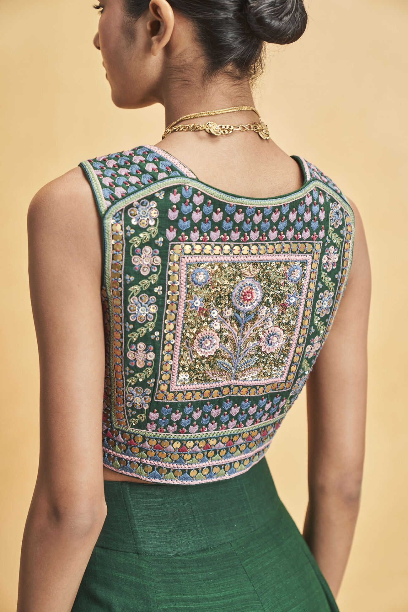 Evergreen Paradise Embroidered Zardozi Silk Skirt Set - Green, Green, image 5