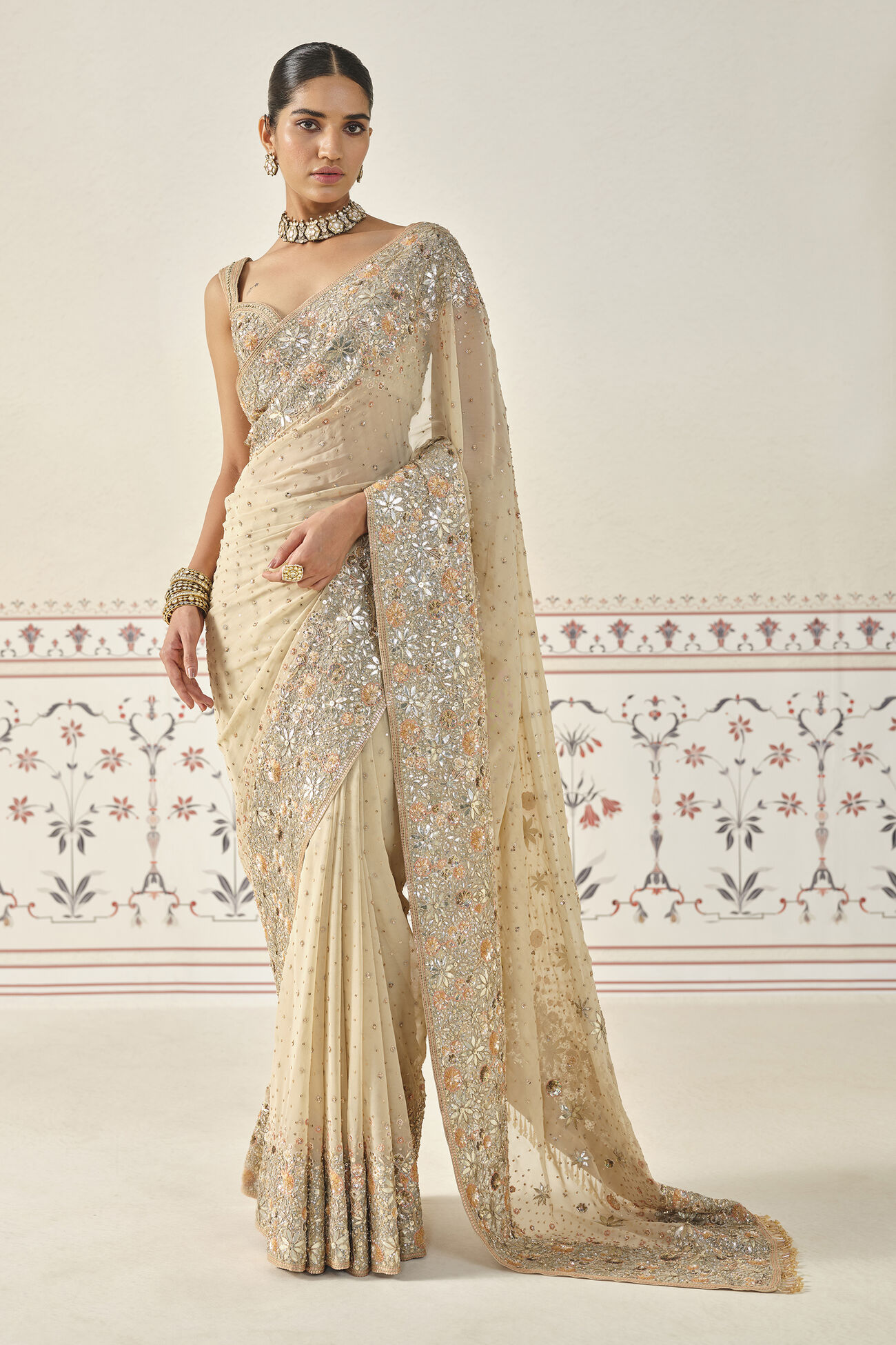 Nabanita Gota Patti Georgette Saree - Flesh, Beige, image 1