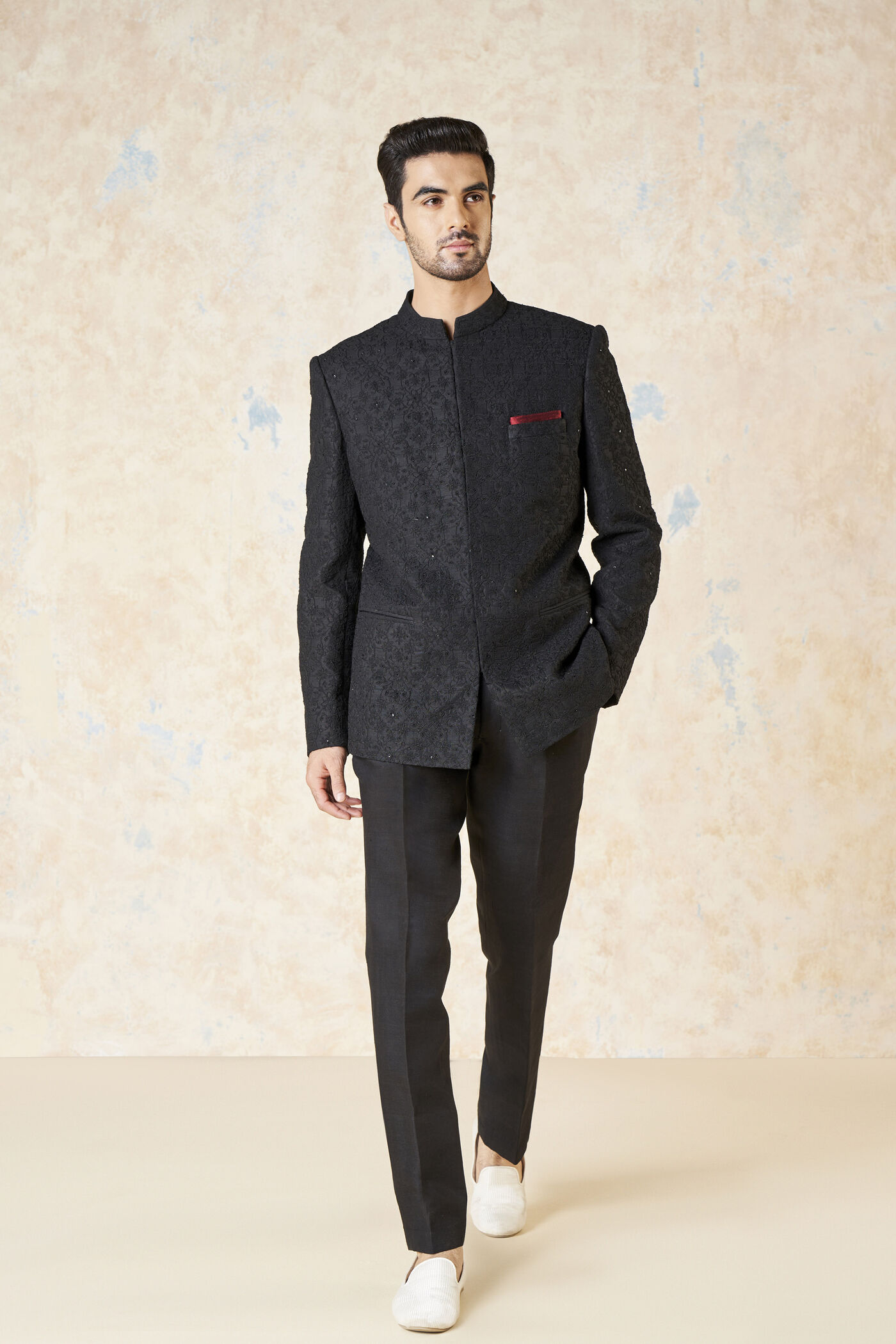 Aadav Embroidered Cord Silk Bandhgala - Black