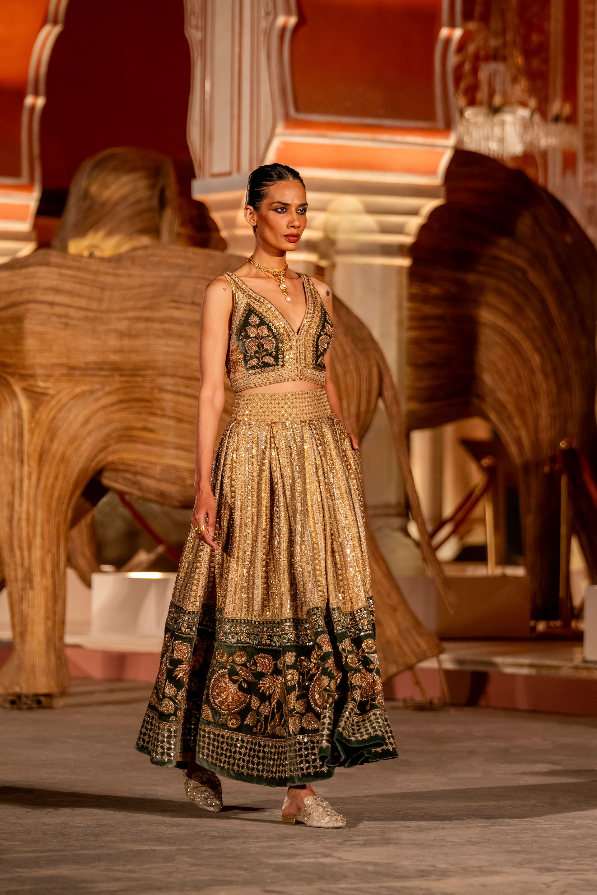 Heart of The Forest Embroidered Zardozi Skirt Set - Gold, Gold, image 7