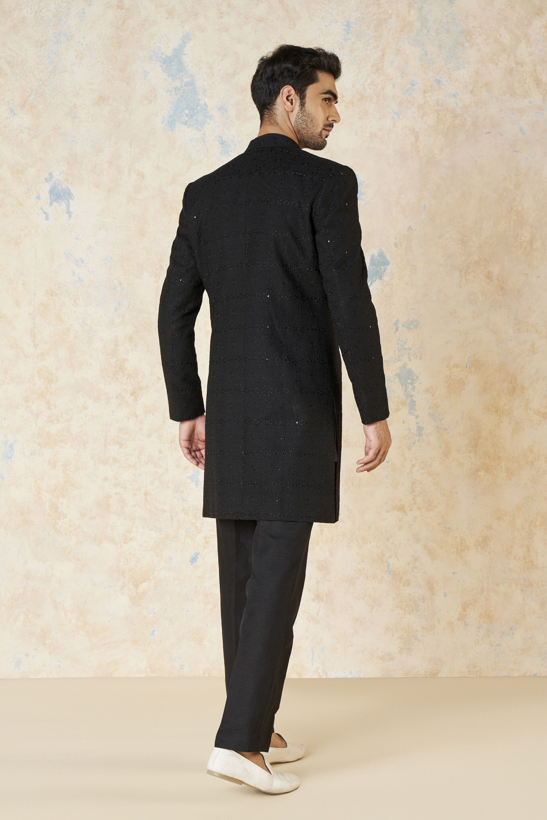 Yuven Silk Sherwani - Black, Black, image 2