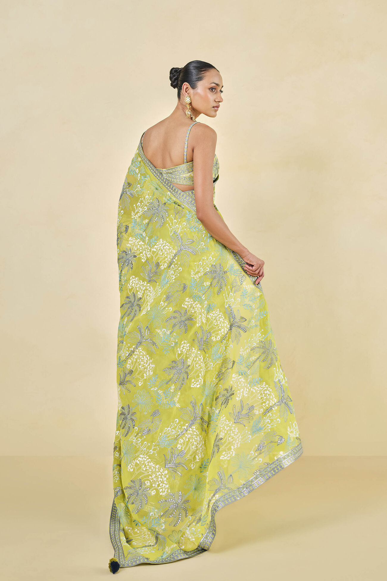 Tropical Paradise Embroidered Georgette Saree - Lime, Lime, image 3