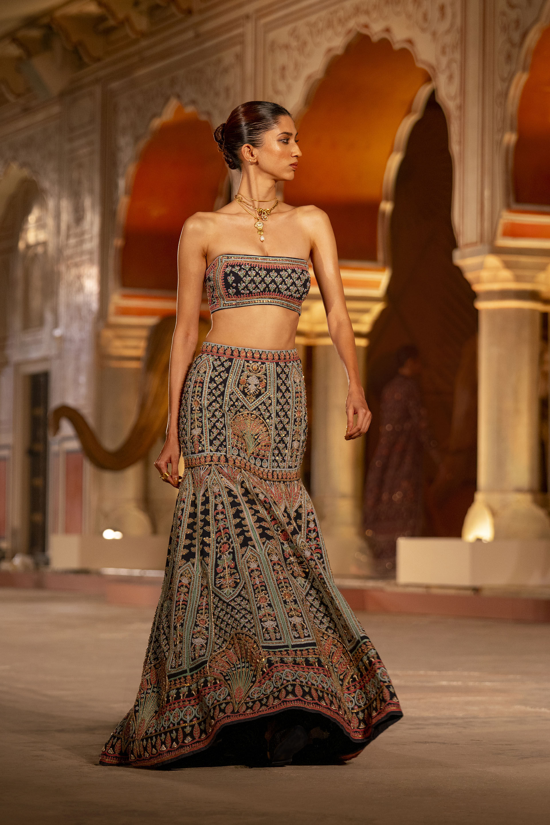 Nocturnal Melody Silk Zari Skirt Set - Blue, Blue, image 9