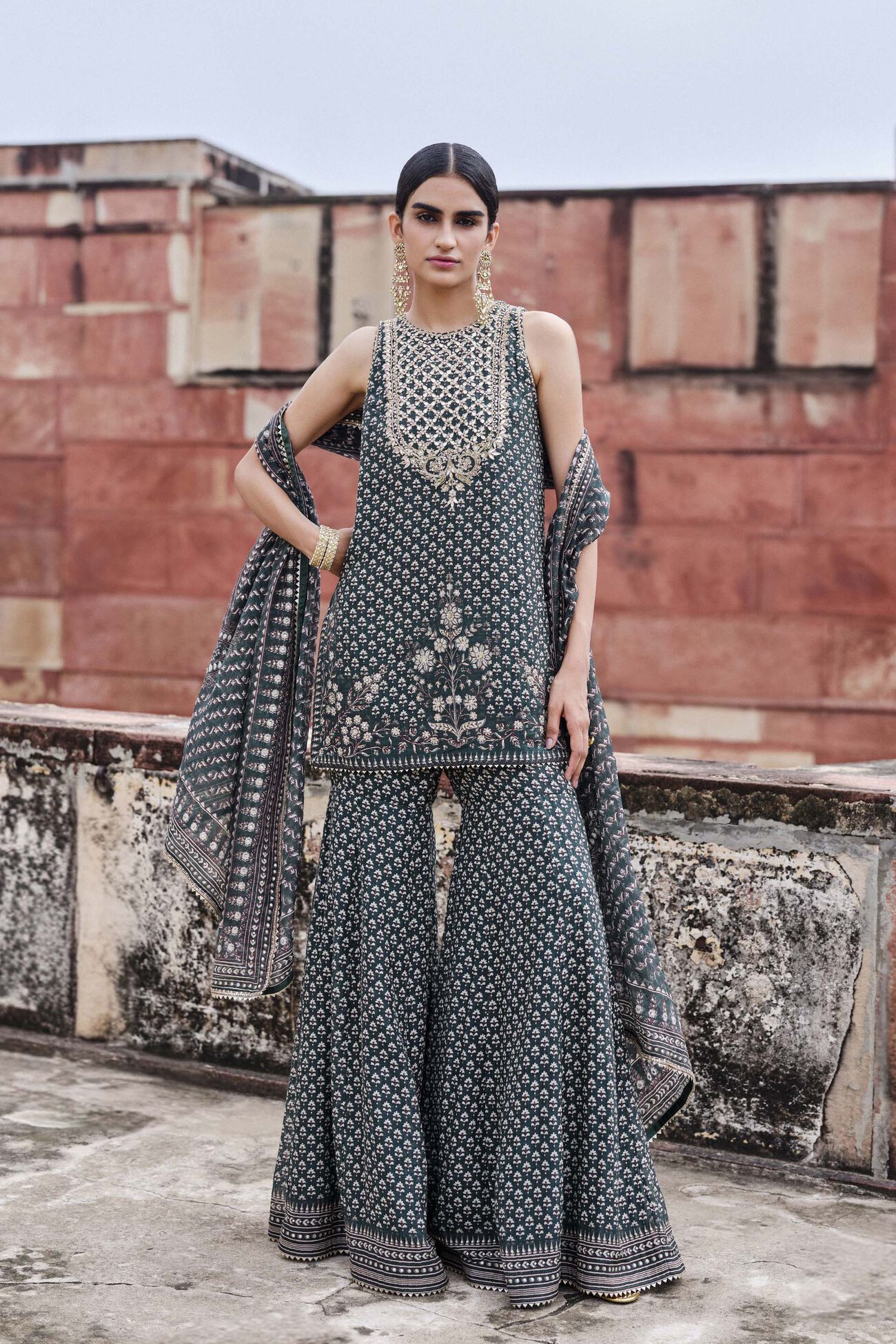 Buy Designer Abjini Gota Patti Mul Gharara Set Green Online from