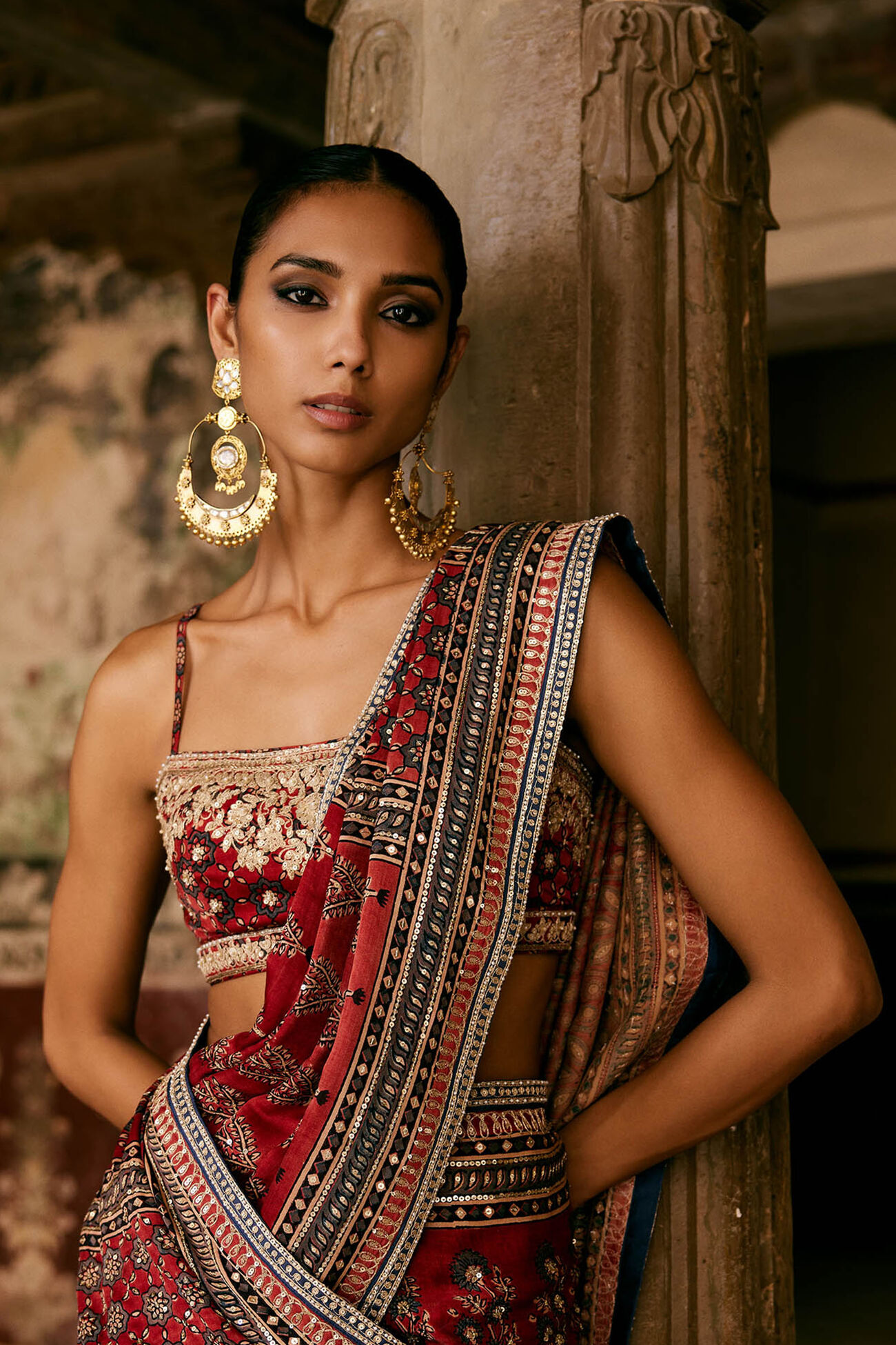 Buy Designer Saaj Ajrakh Handblock Printed Silk Choli Red Online