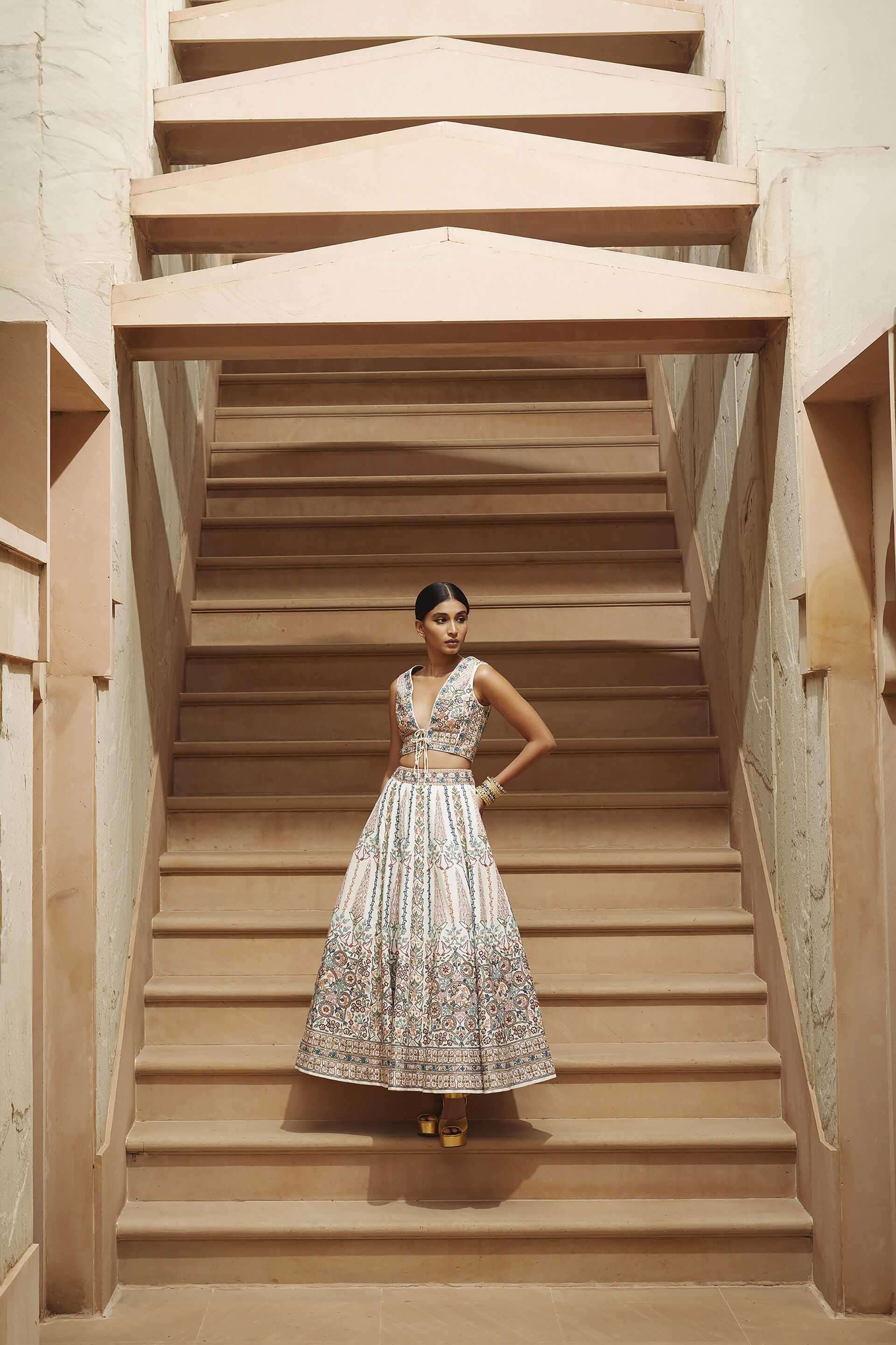 Alakana SEWA Hand-embroidered Silk Skirt Set - Ivory, Ivory, image 1