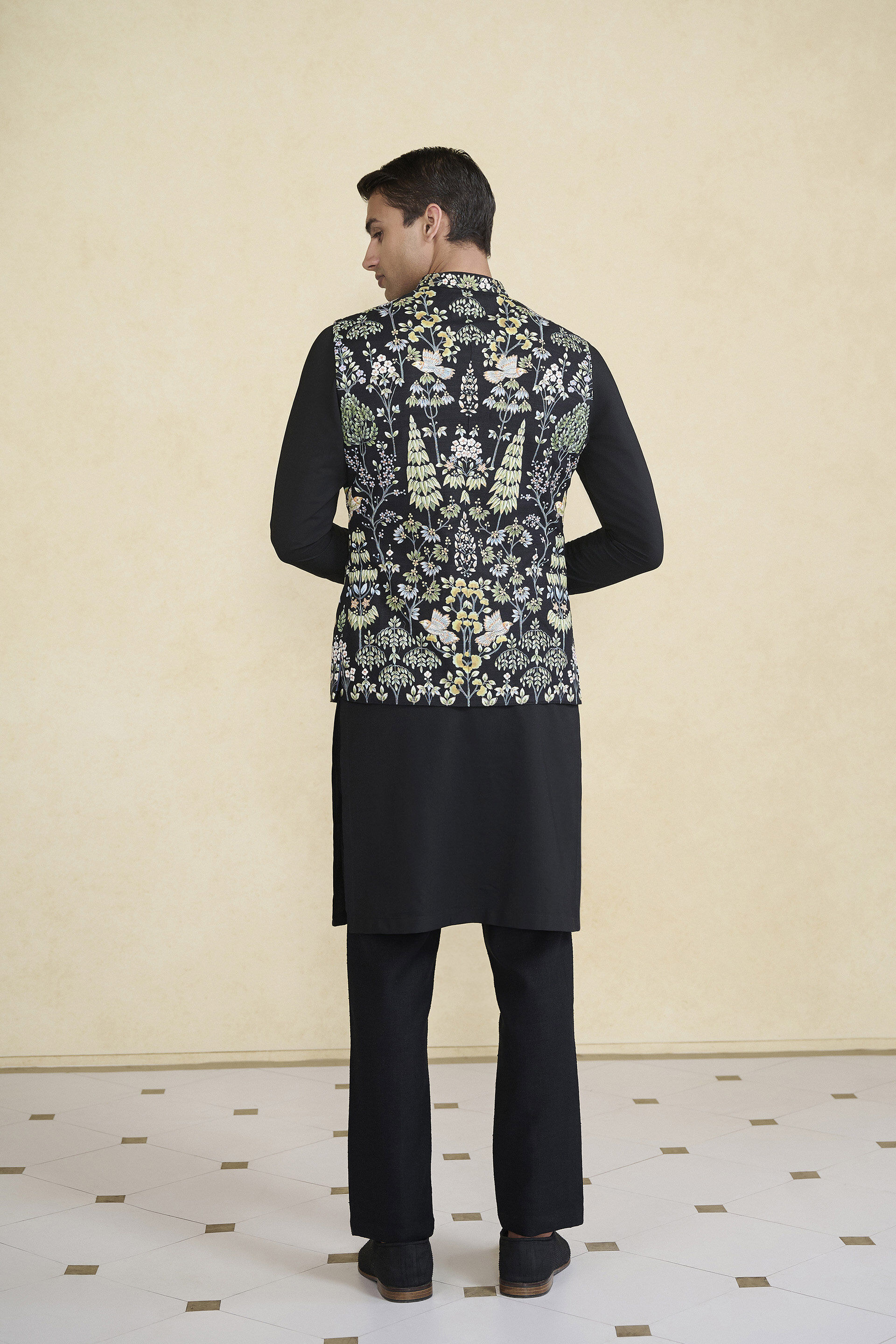 Nalesh Hand-painted Pichhwai Silk Nehru Jacket - Black