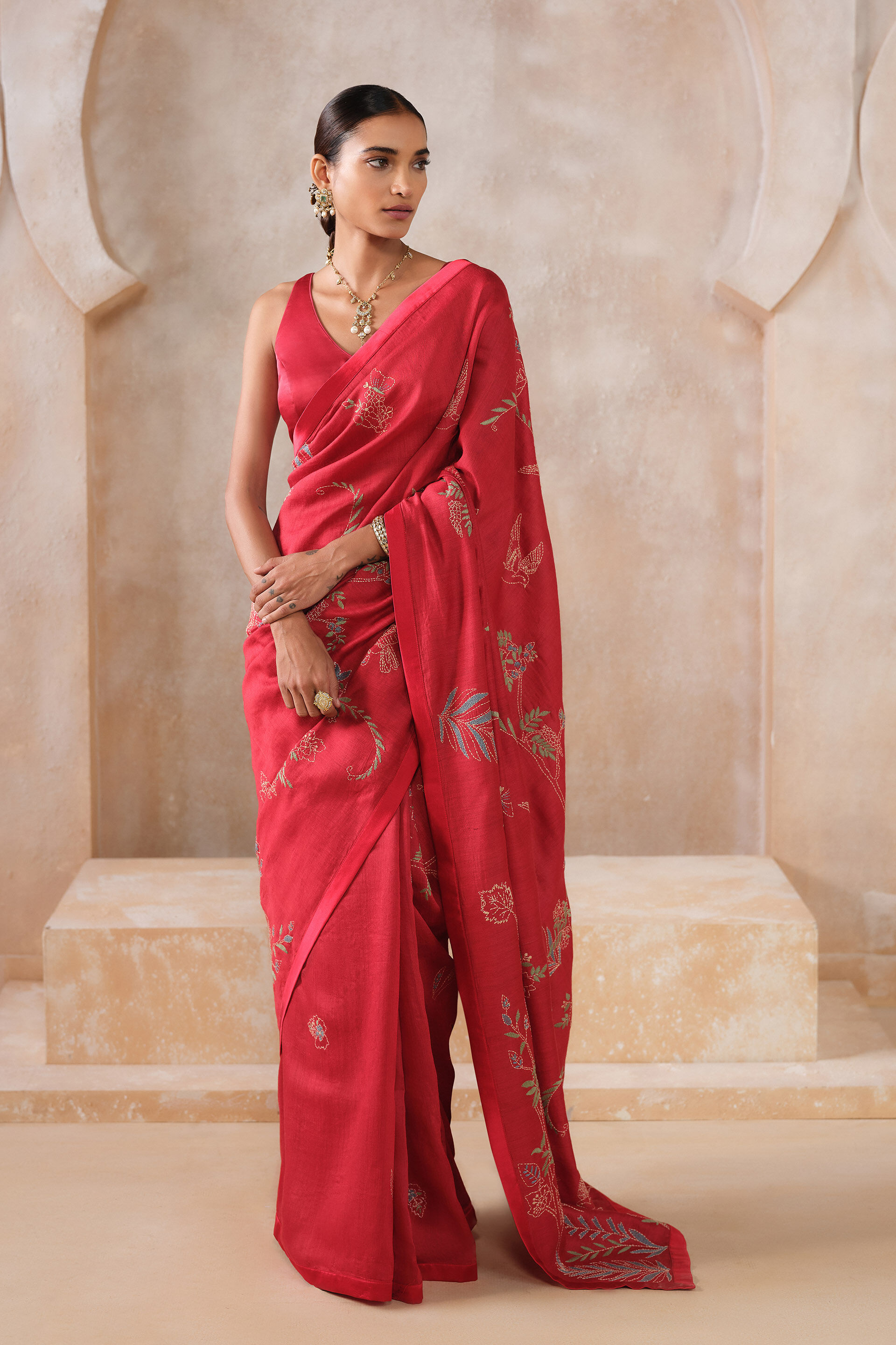 Corcoran Hand-embroidered Kantha Silk Saree - Red