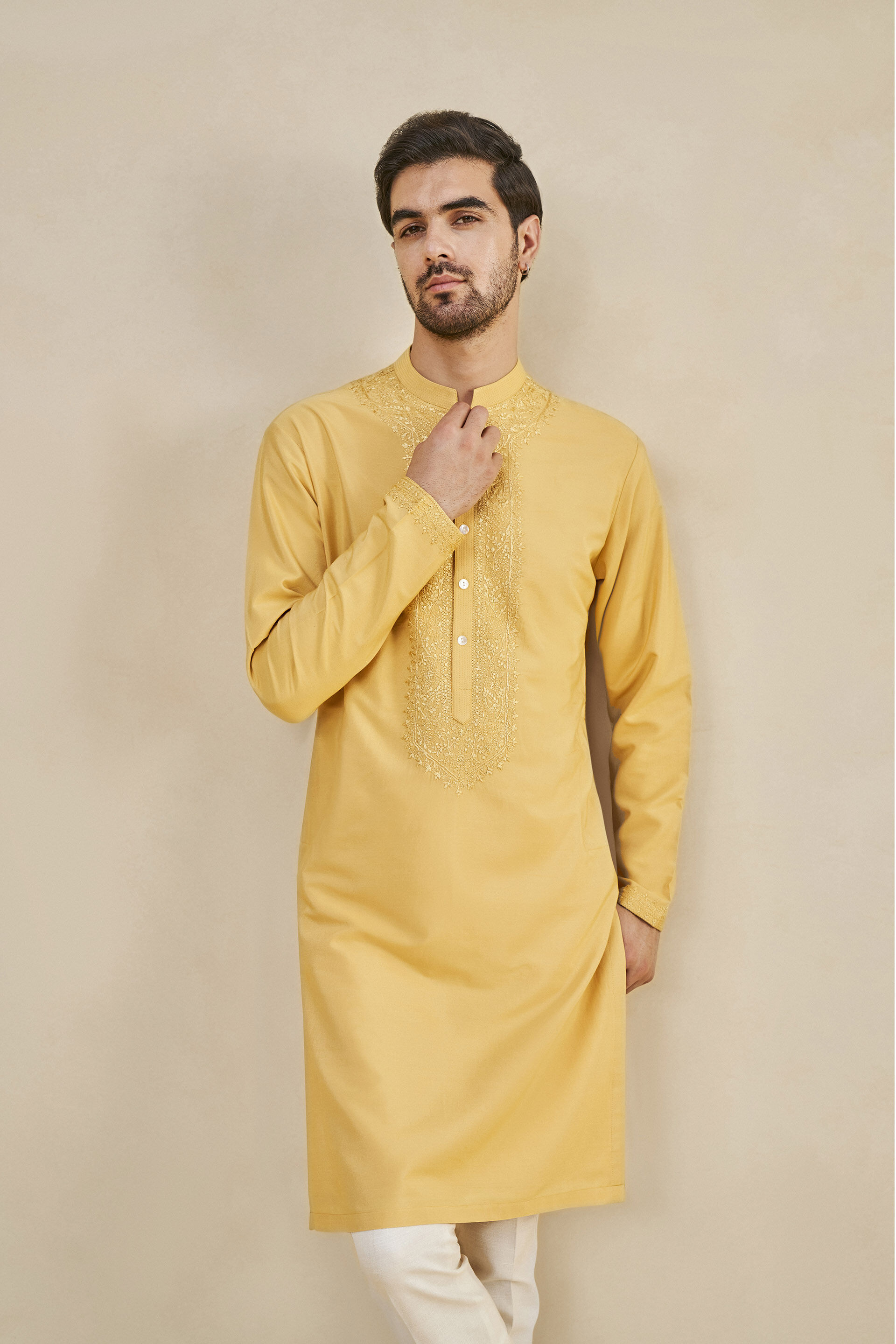Sarth Chikankari Kurta - Mustard, Mustard, image 4