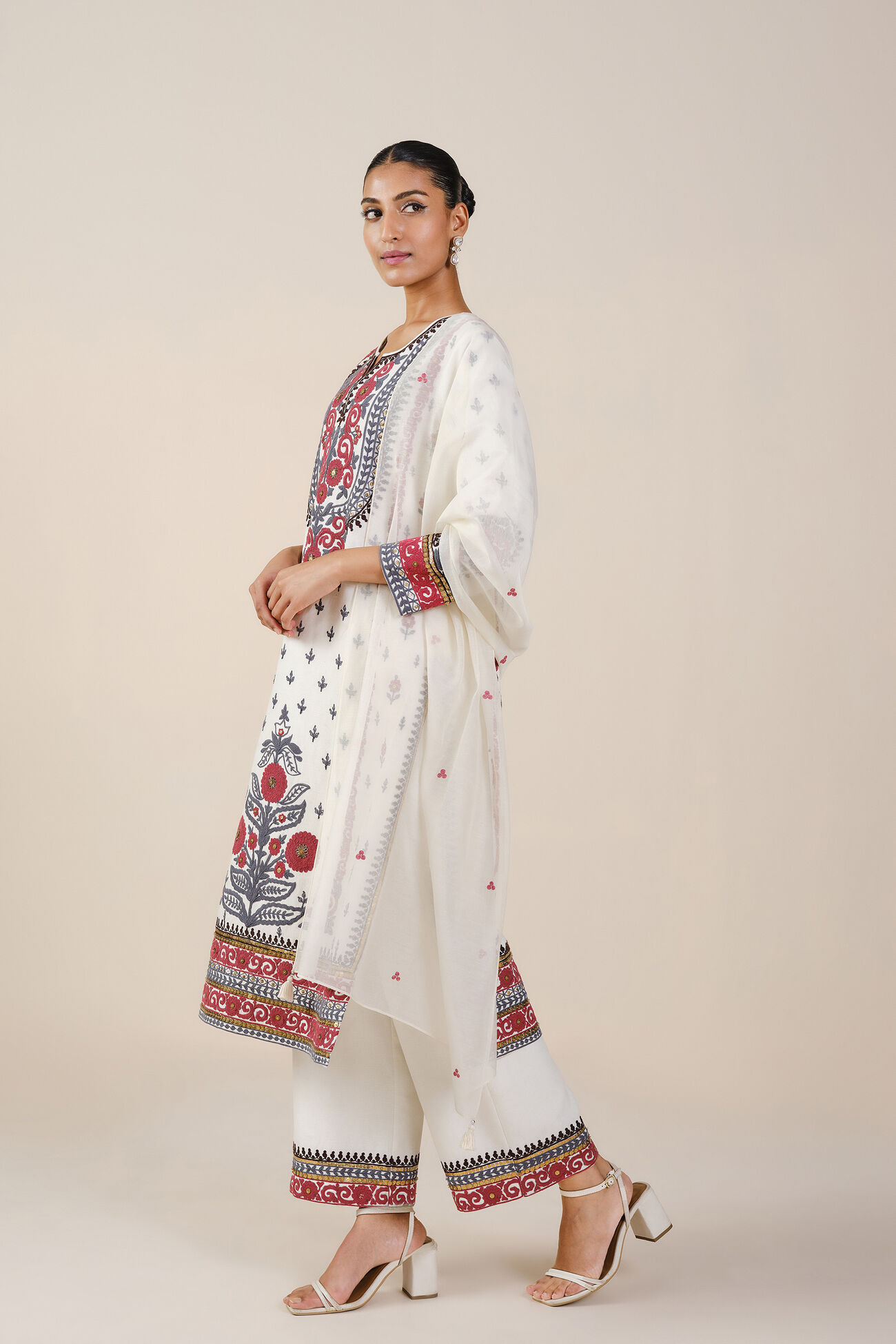 Flowers Of The Forest Embroidered Cord Silk Suit Set - White, White, image 2
