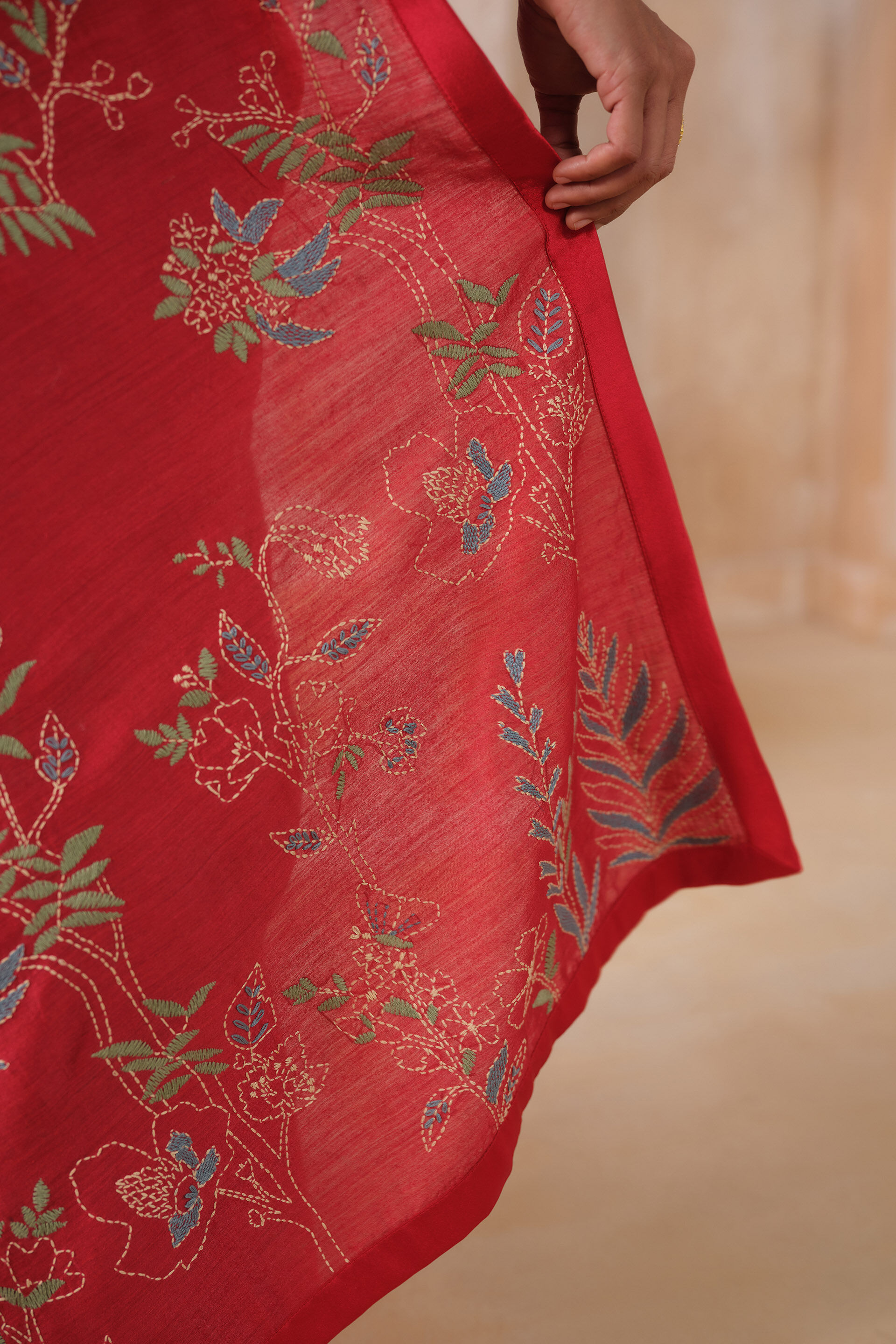 Corcoran Hand-embroidered Kantha Silk Saree - Red, Red, image 5