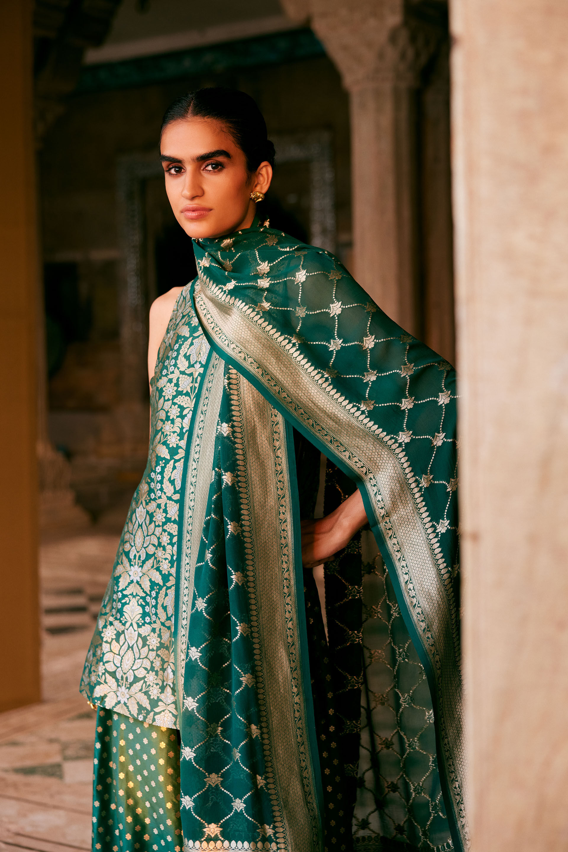 Swadha Handwoven Benarasi Silk Sharara Set - Green, Green, image 3