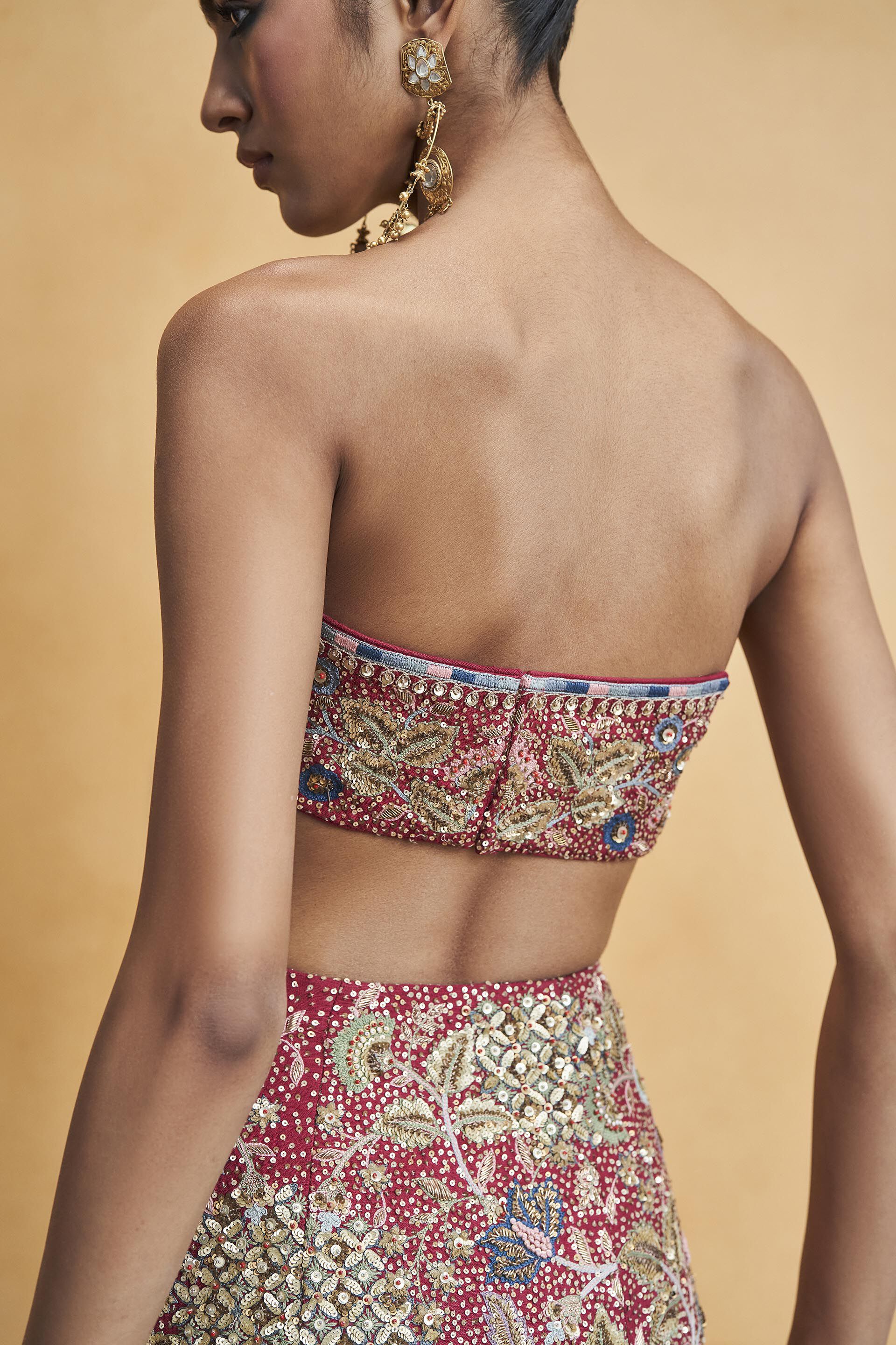 Symphony Of The Wilderness Embroidered Zardozi Silk Fishtail Skirt Set - Wine, Wine, image 7